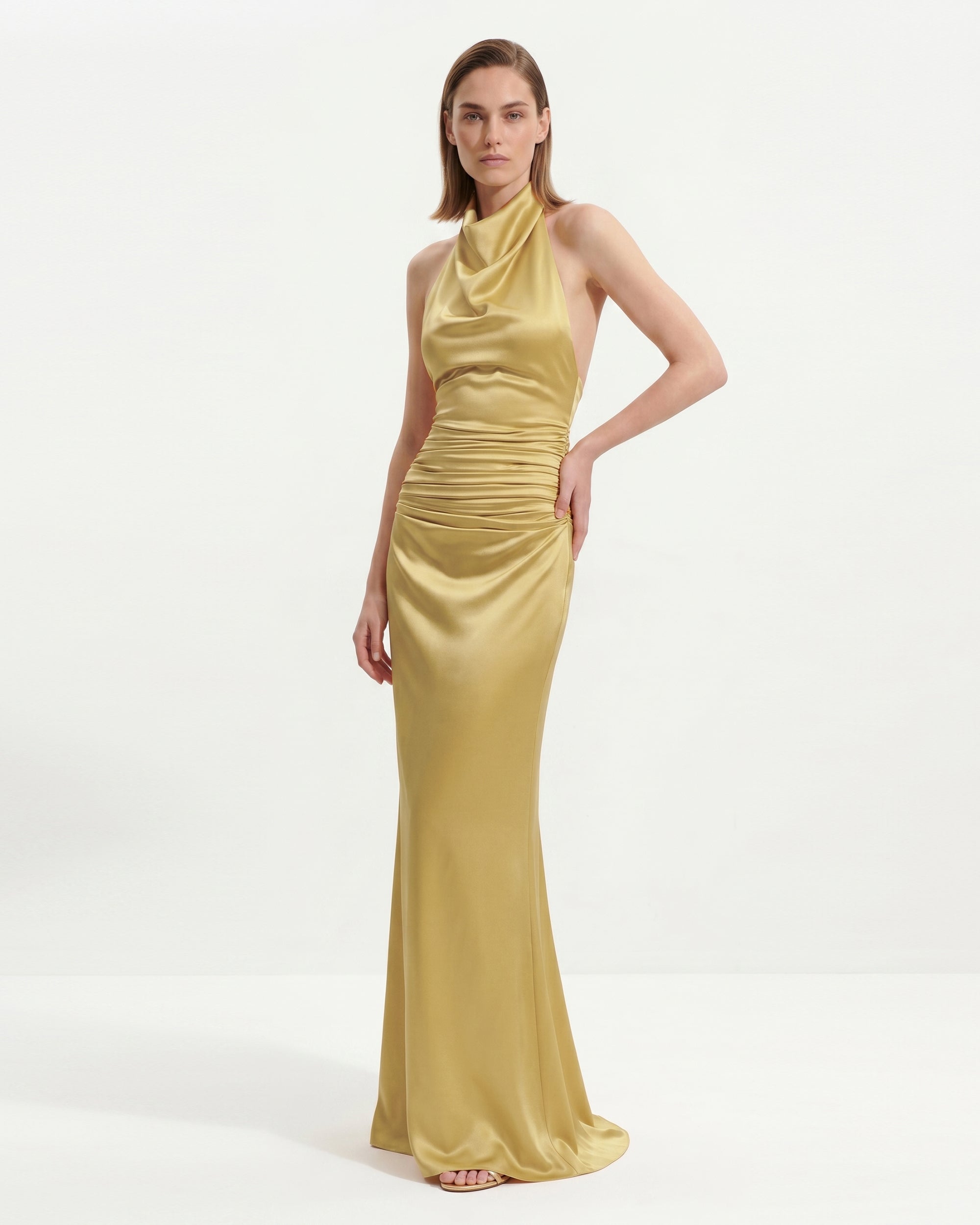 Satin Cowl Neck Ruched Maxi Gown - Champagne Gold | JW PEI Satin Cowl Neck Ruched Maxi Gown - Champagne Gold | JW PEI