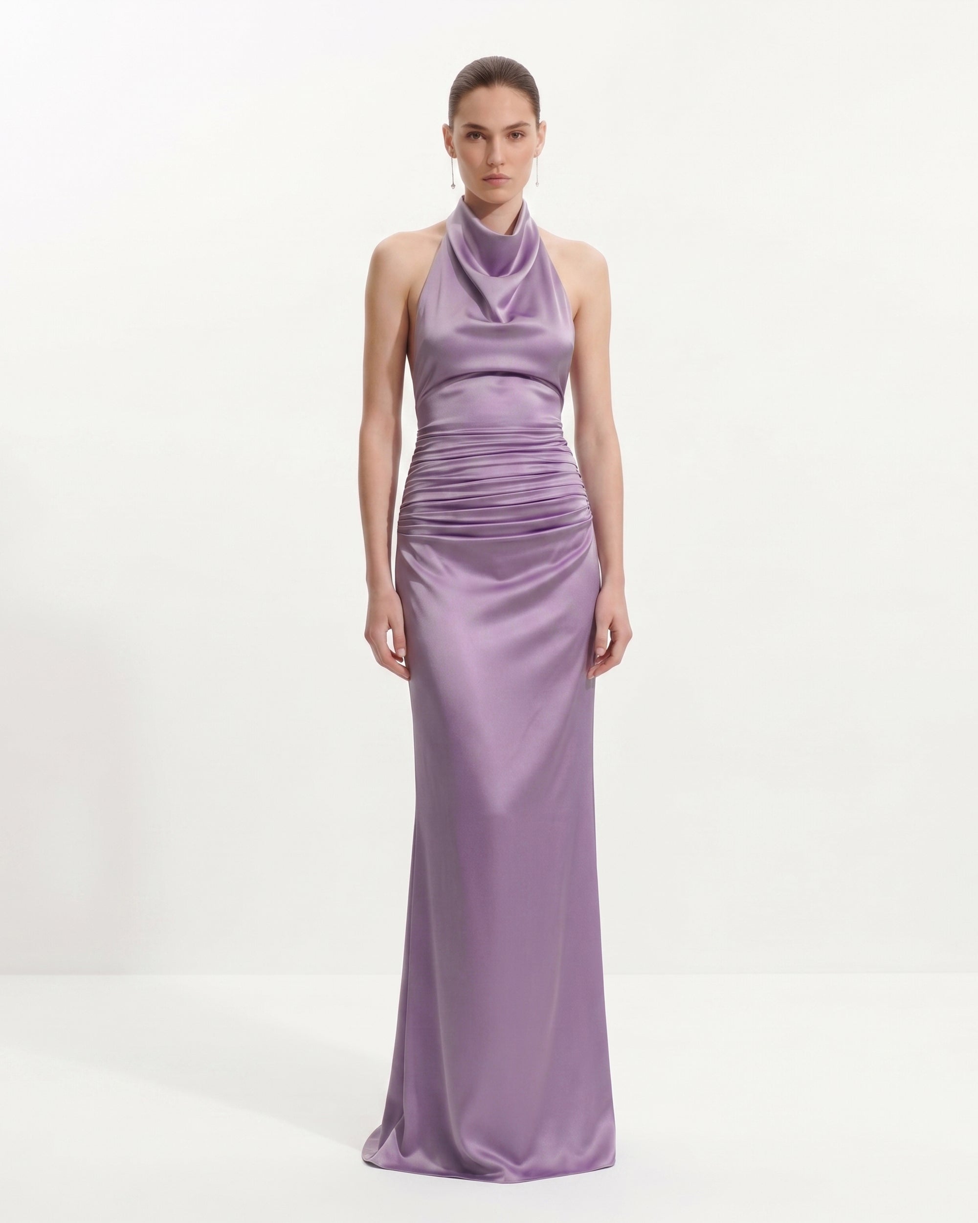 purple cowl neck dress Satin Cowl Neck Ruched Maxi Gown - Purple