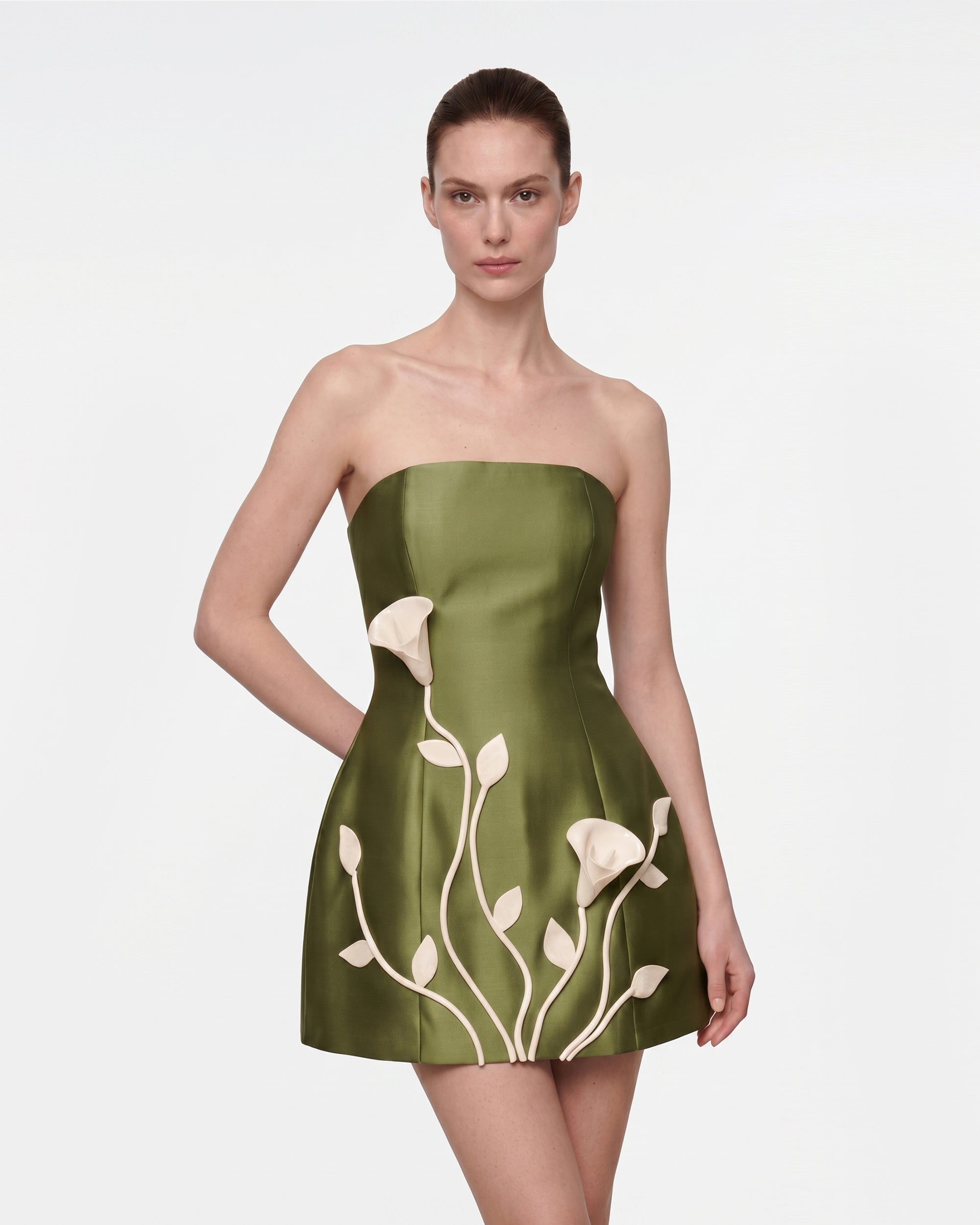 3D Vine Floral Strapless Mini Dress - Olive Green | JW PEI 3D Vine Floral Strapless Mini Dress - Olive Green | JW PEI