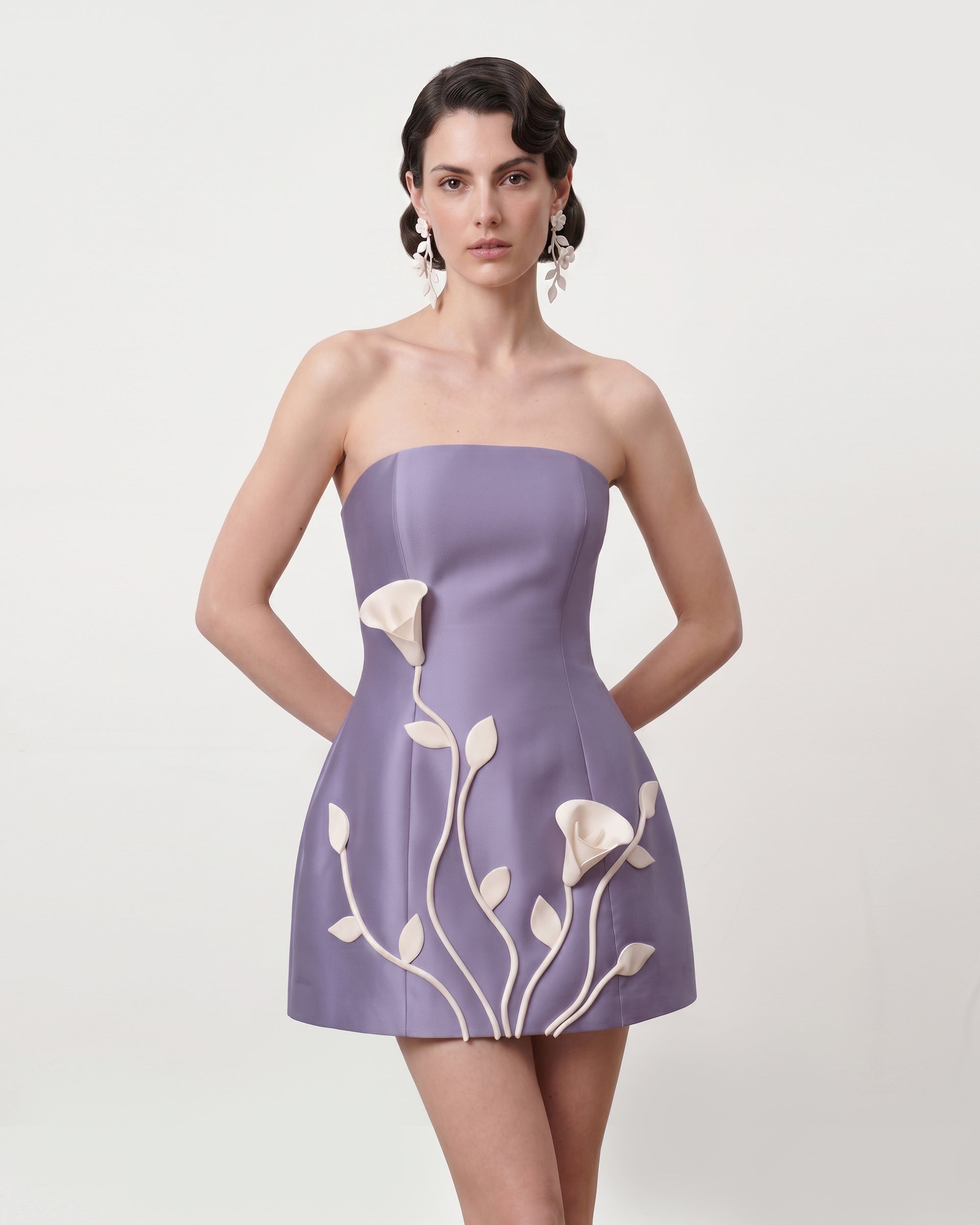 3D Vine Floral Strapless Mini Dress - Purple 4