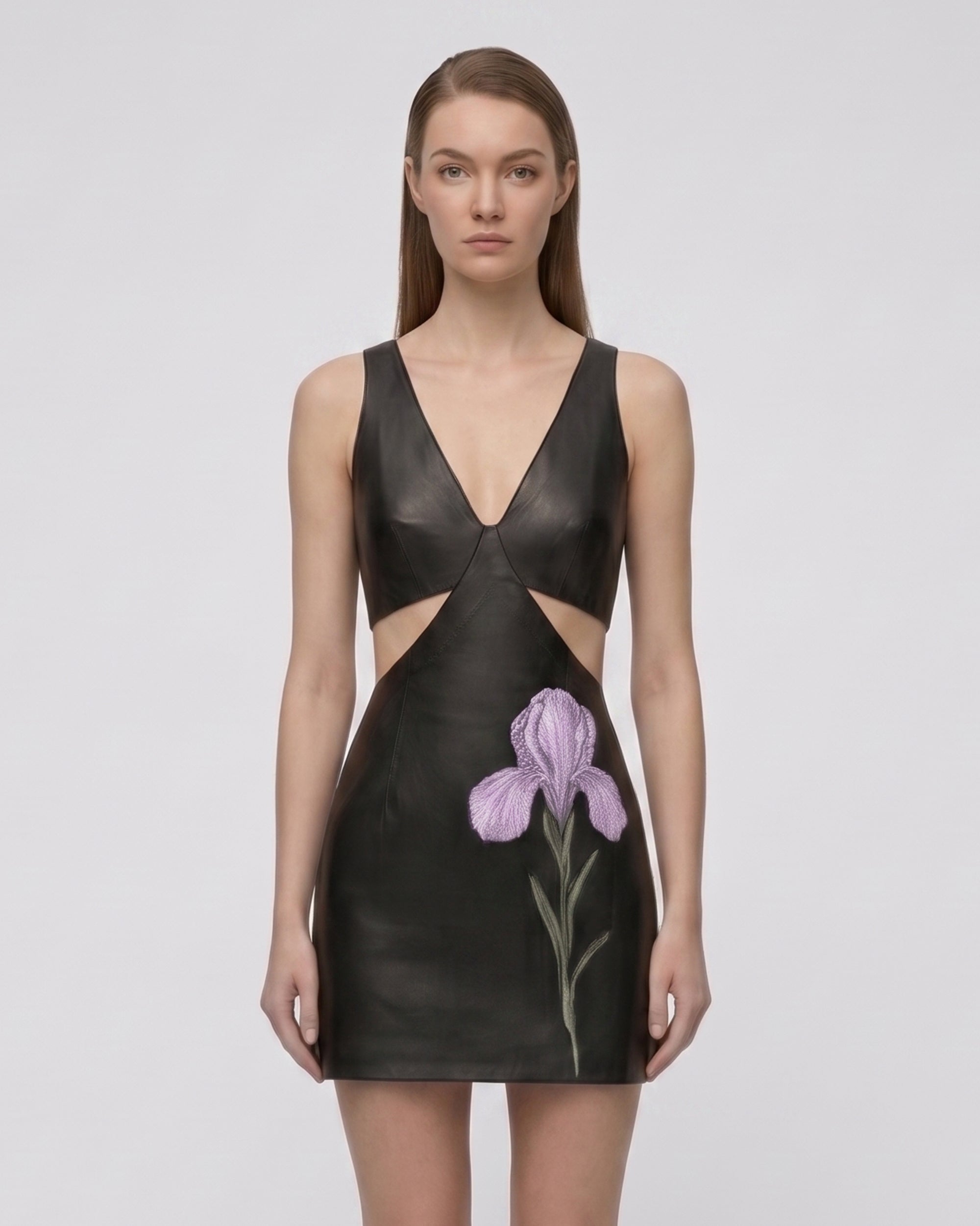 Iris Floral Cutout Bodycon Leather Mini Dress - Black 2 | US