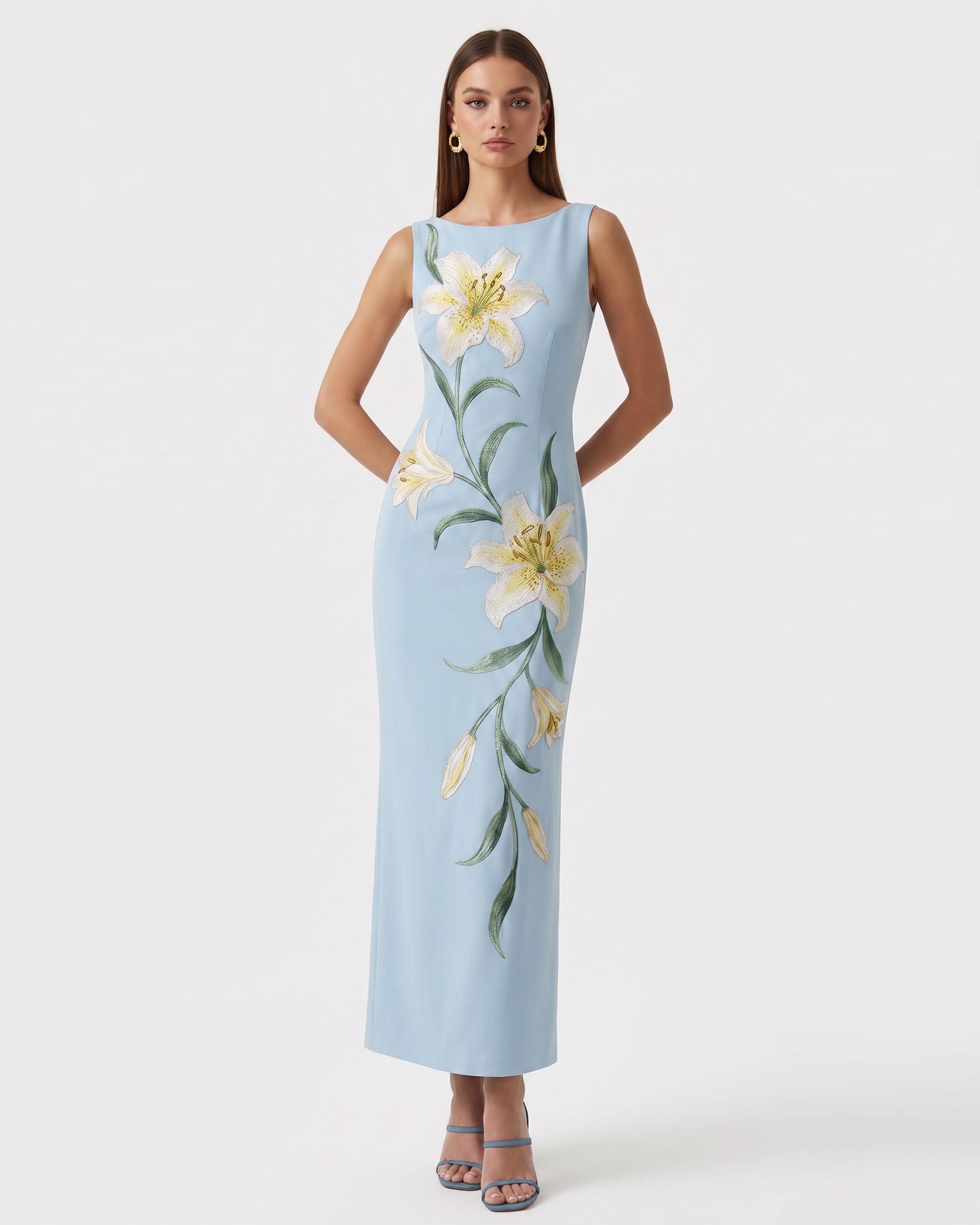 lily maxi dresses Lily Floral Print Sleeveless Column Maxi Dress - Light Blue 10