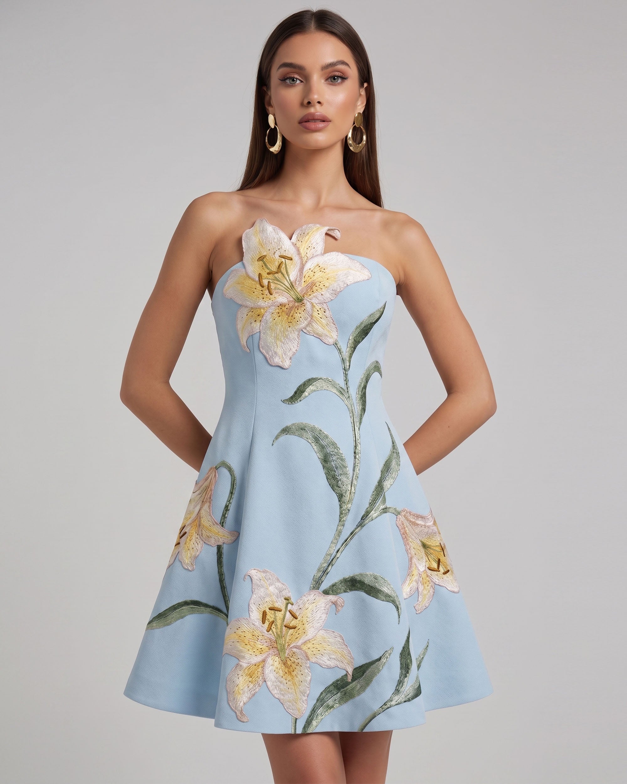 strapless floral dress mini Silver Lightweight Mini length Bias cut Slight stretch Invisible zip on left side Ribbon tie Lady Black Tie - Evie