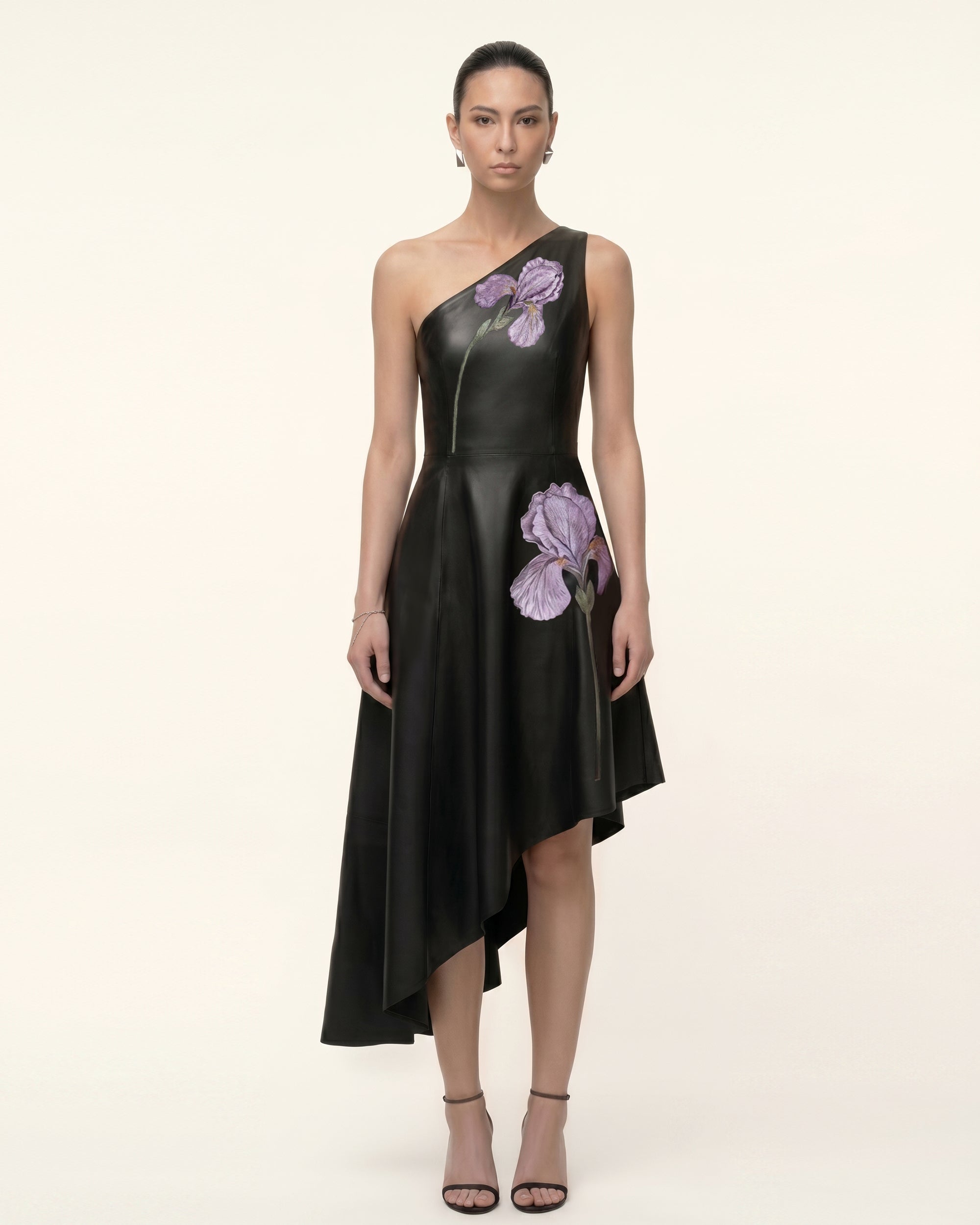 Iris Floral-Print One-Shoulder Asymmetric-Hem Leather Dress - Black 4