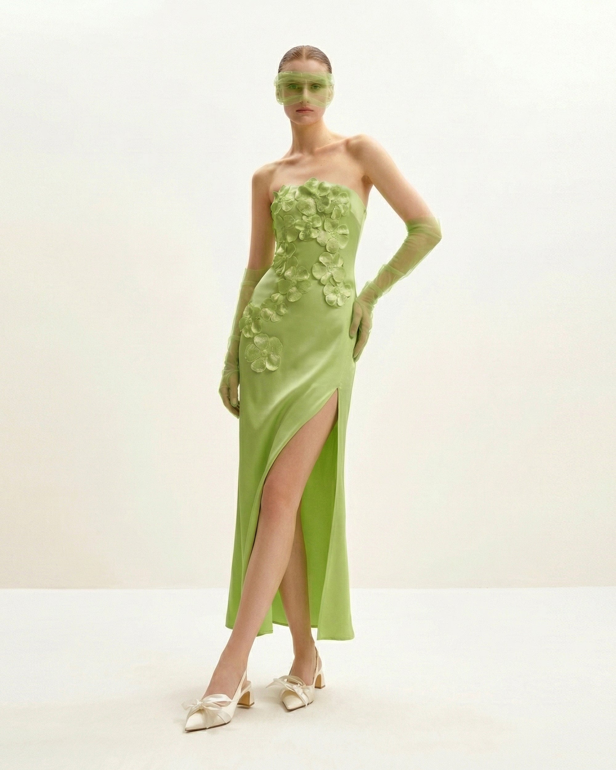 green embroidered floral dress Embroidered Tulle Light Green Prom dress With Puffy Long Sleeve PSK304 US18 / Custom Color