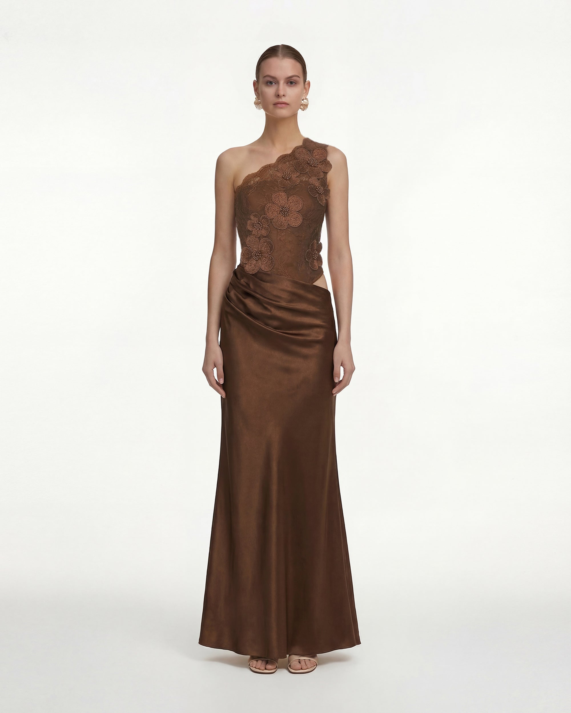 brown satin one shoulder dress One Shoulder Drape Satin Bridesmaid Dress