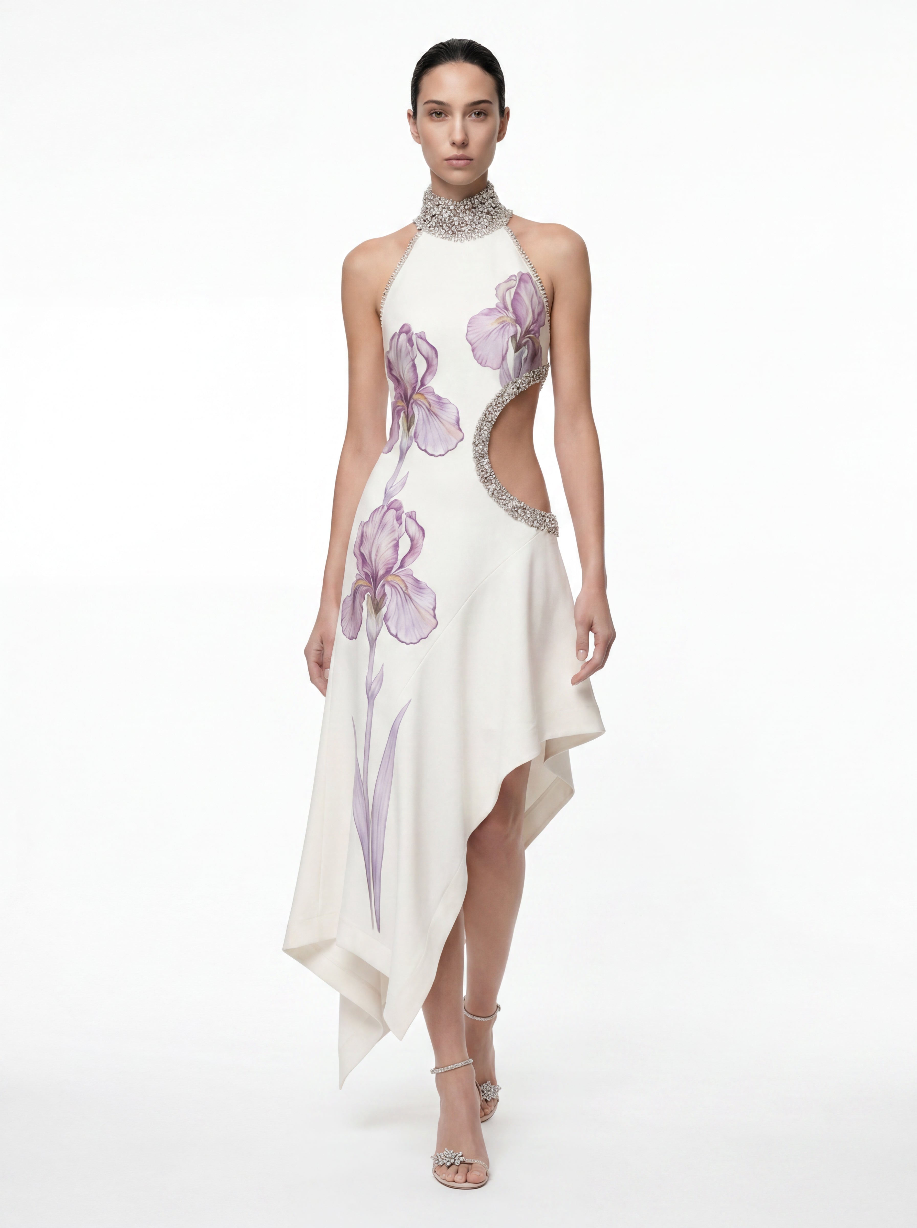 Jeweled Floral Cutout High Neck Dress - White 10