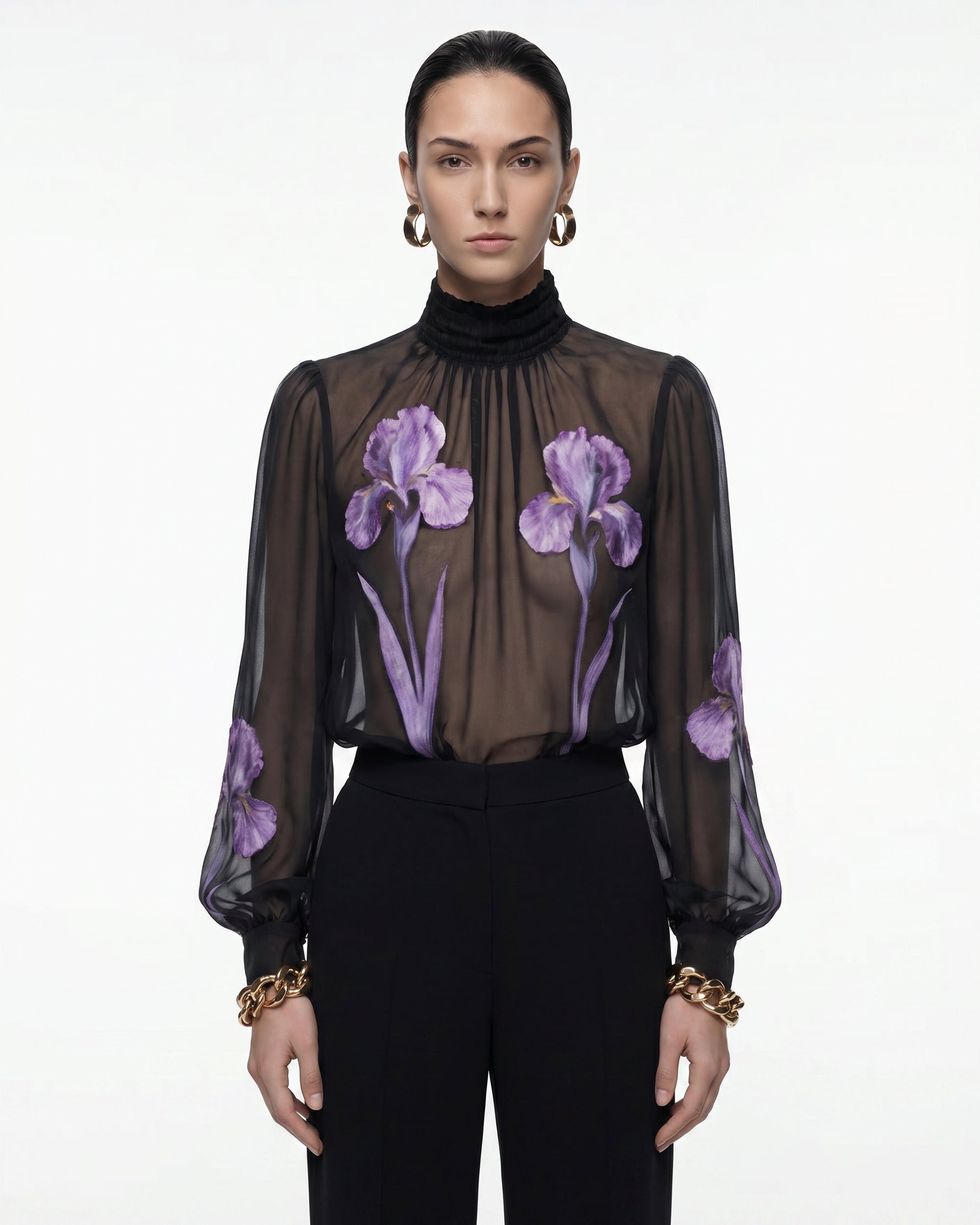 Iris Print Sheer High Neck Blouse - Black/Purple | JW PEI