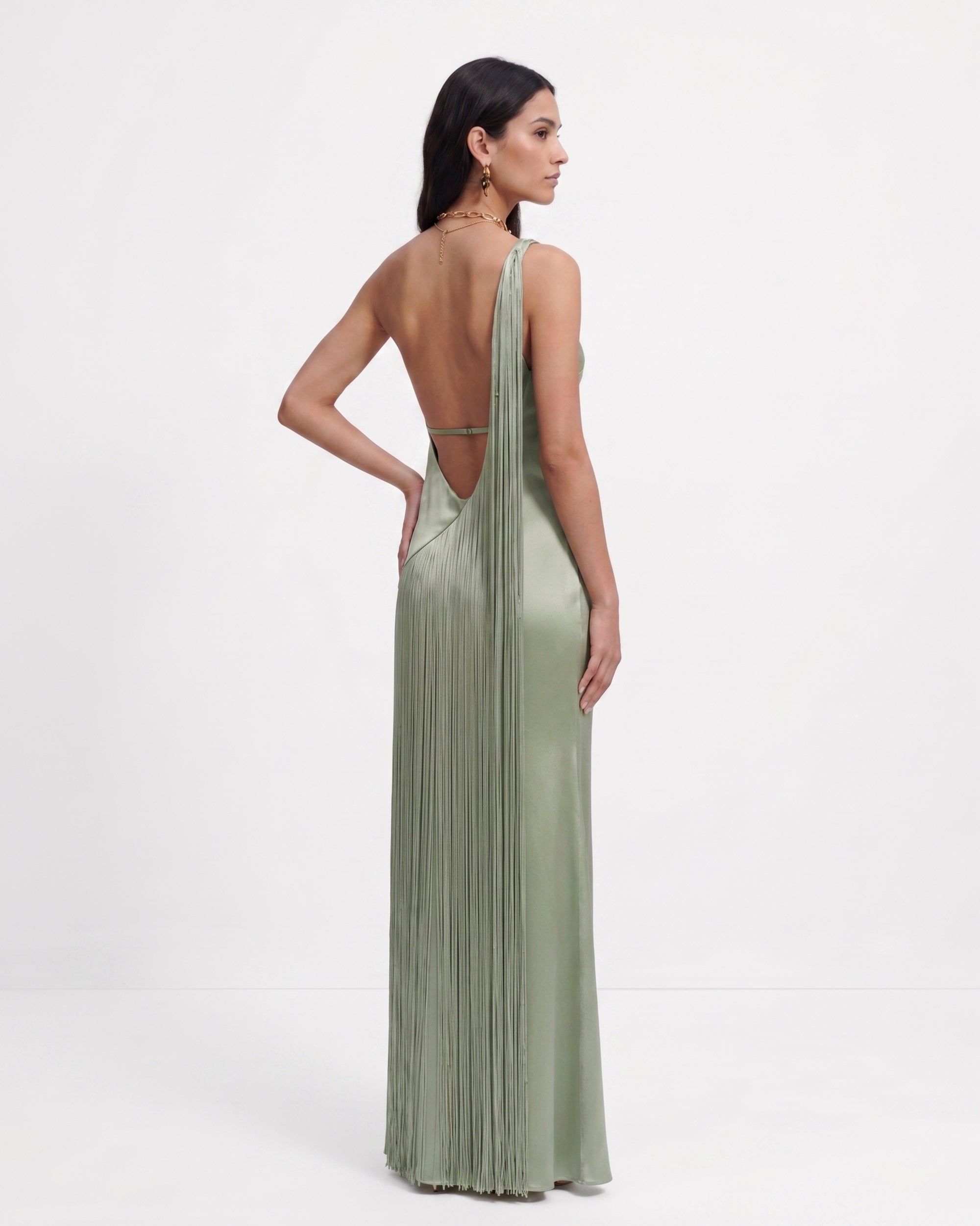 Fringe One Shoulder Maxi Dress - Sage Green 10