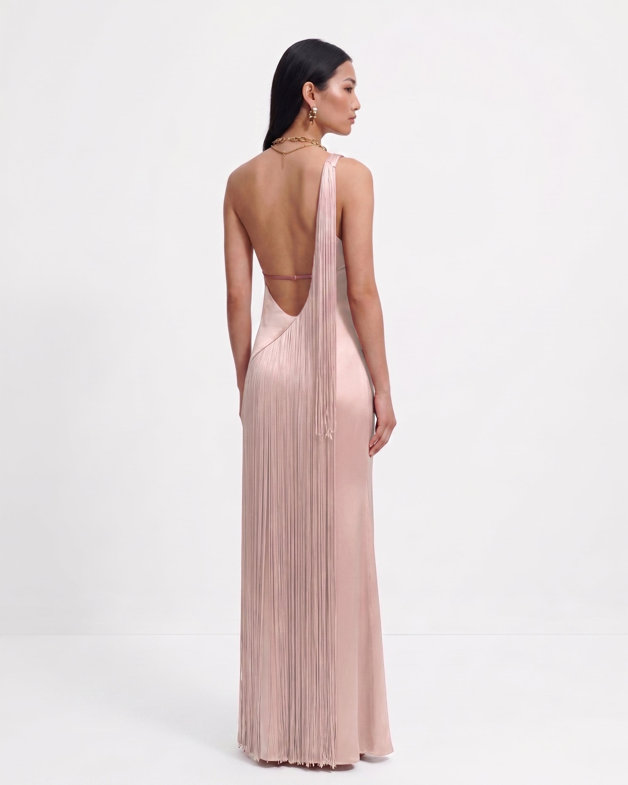 Fringe One Shoulder Maxi Dress - Pink | JW PEI
