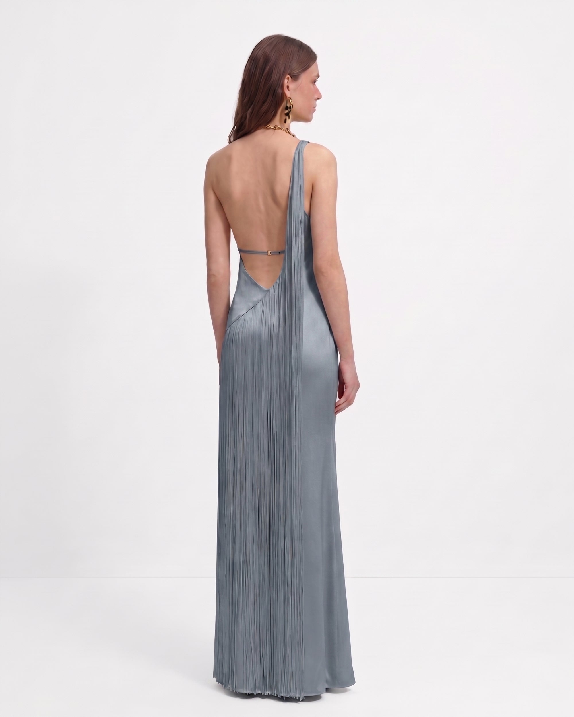 Fringe One Shoulder Maxi Dress - Misty Blue 6 | US Fringe One Shoulder Maxi Dress - Misty Blue 6 | US