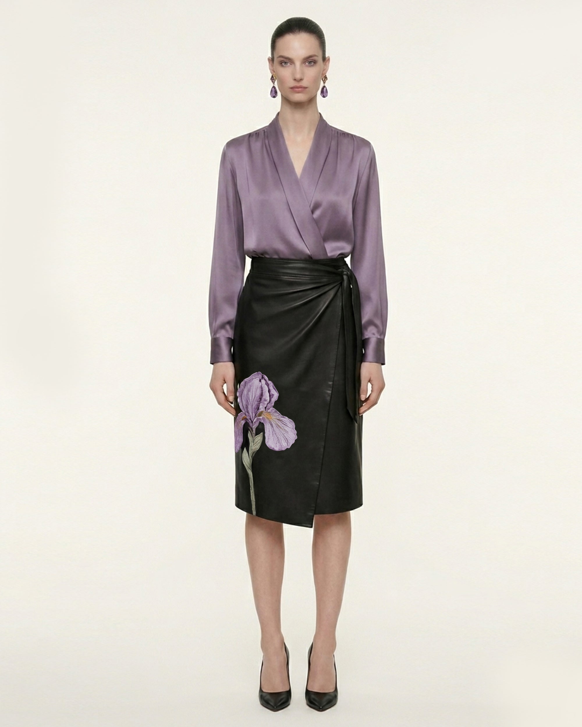 Satin Wrap V Neck Long Sleeve Blouse - Dusty Mauve | JW PEI