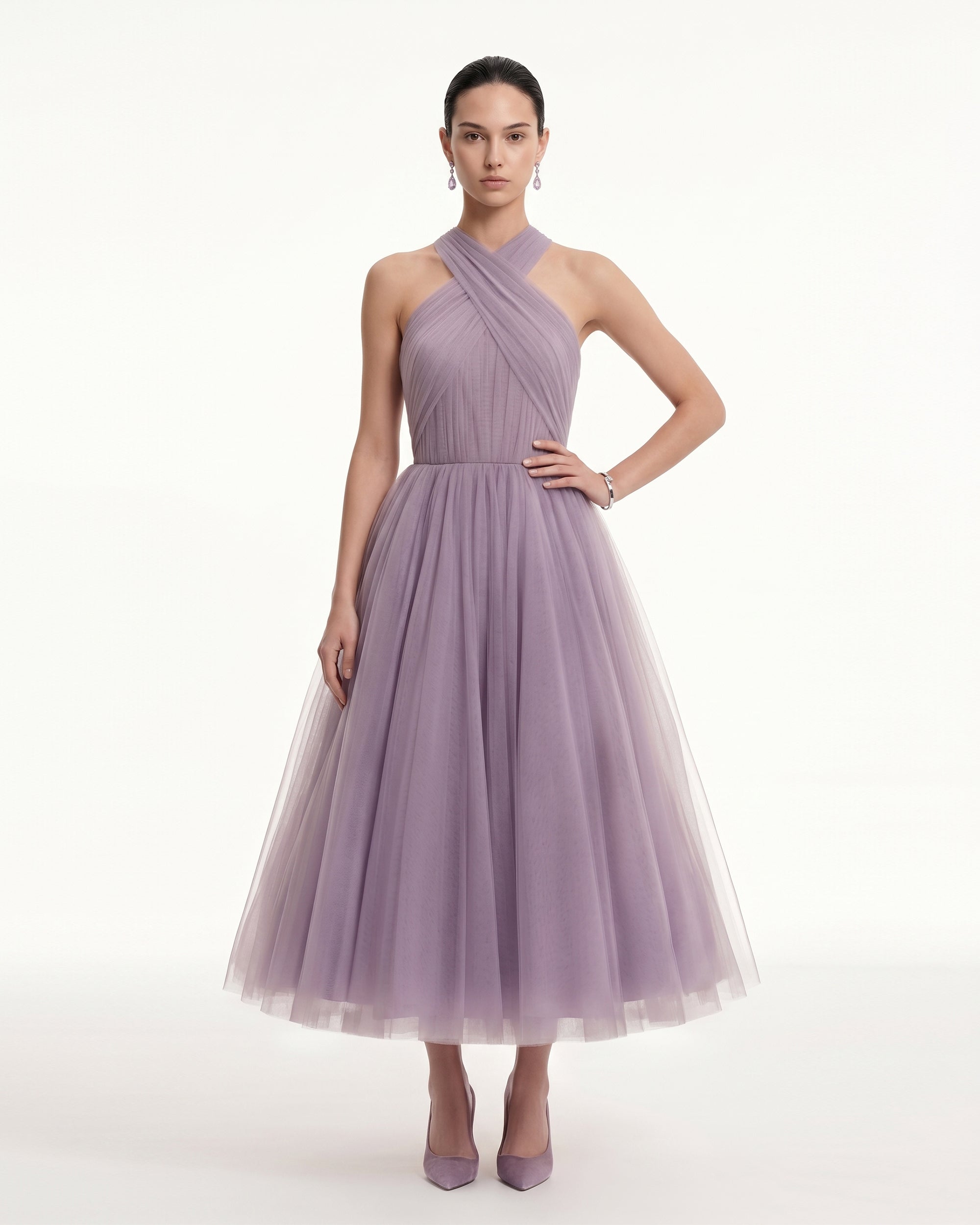 Tulle Cross Halter A-Line Midi Dress - Dusty Mauve 2 | US