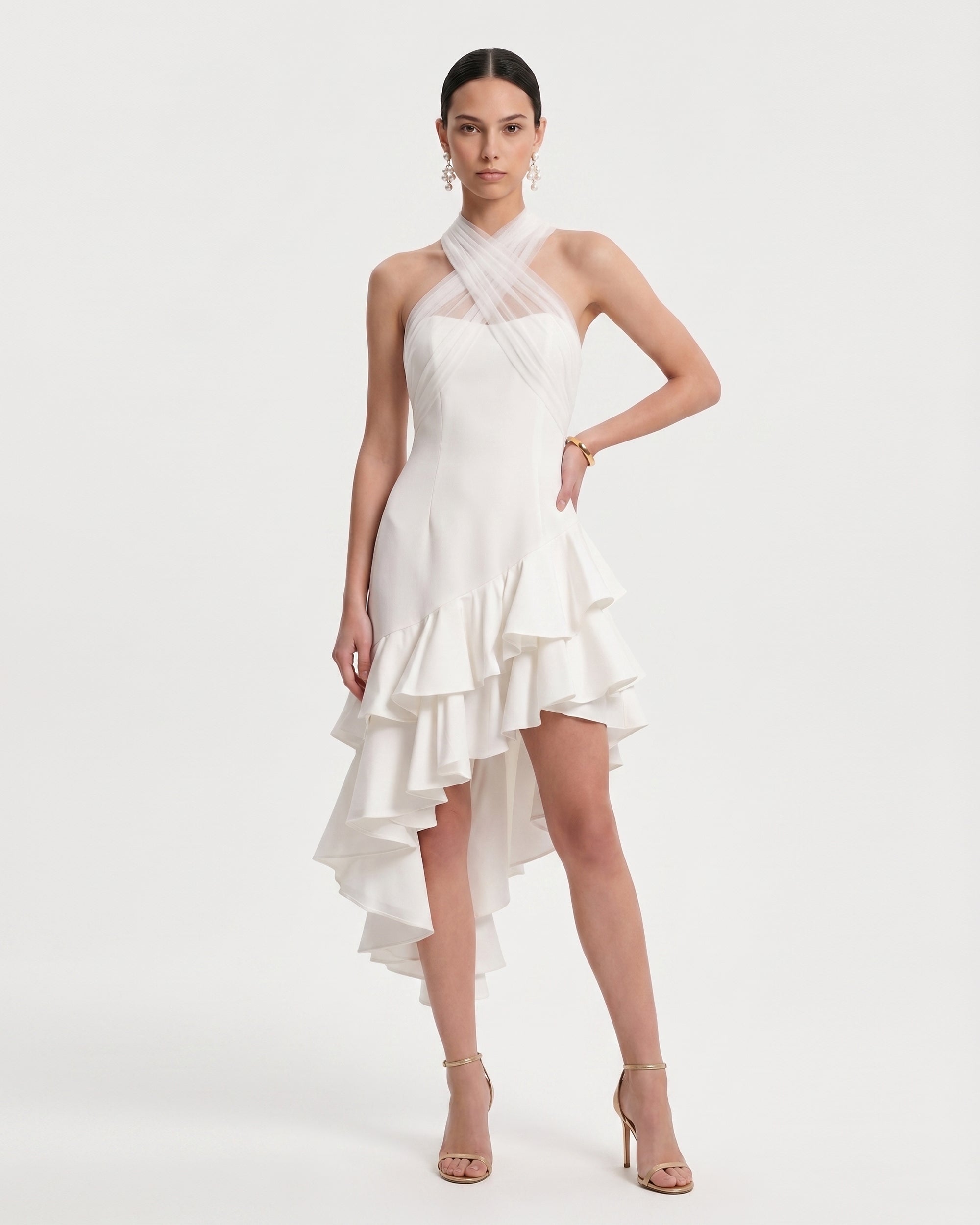 Tulle Cross Halter Asymmetric Ruffle Mini Dress - Ivory 6 | US Tulle Cross Halter Asymmetric Ruffle Mini Dress - Ivory 6 | US