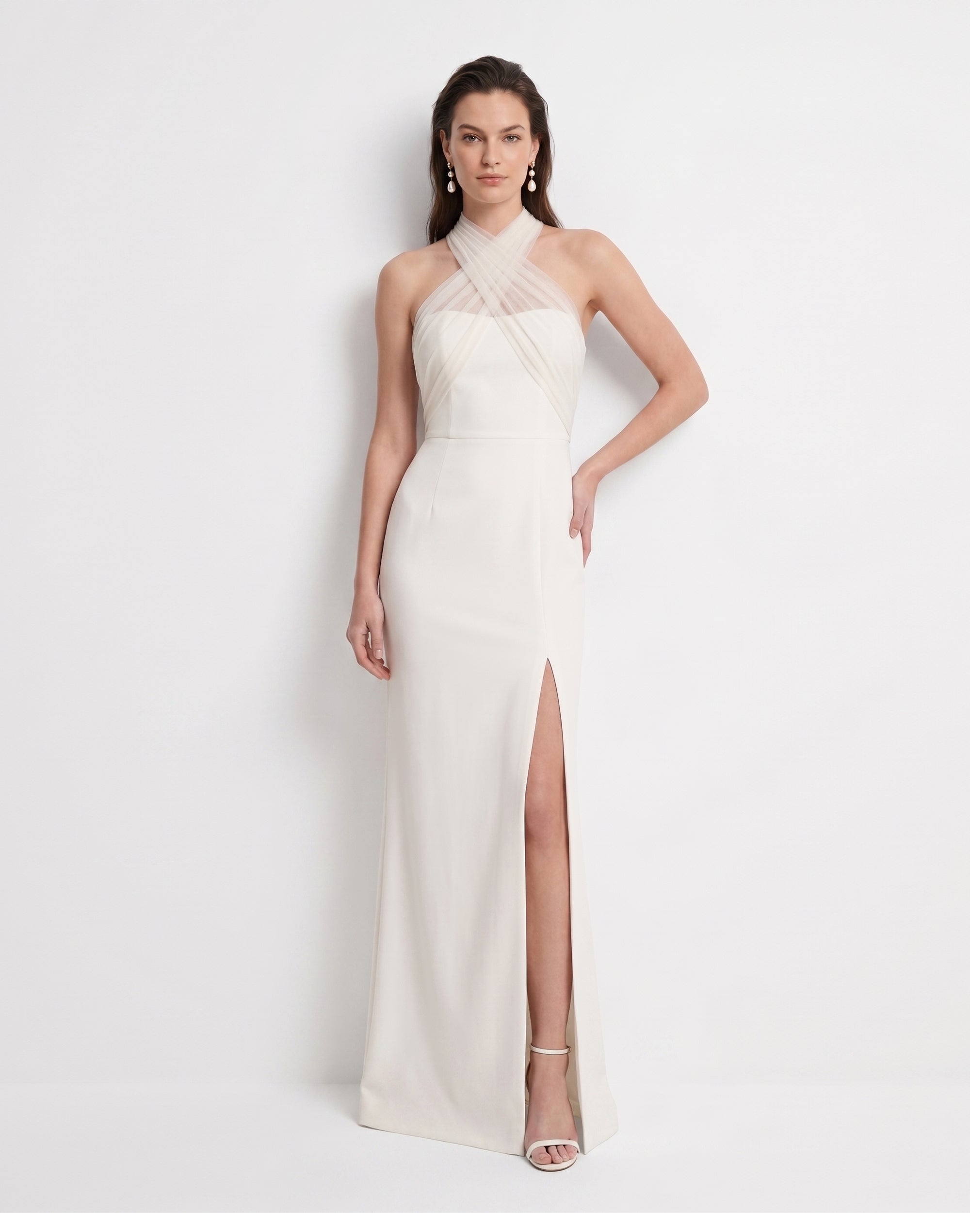 Tulle Cross Halter High Slit Maxi Dress - Ivory Tulle Cross Halter High Slit Maxi Dress - Ivory
