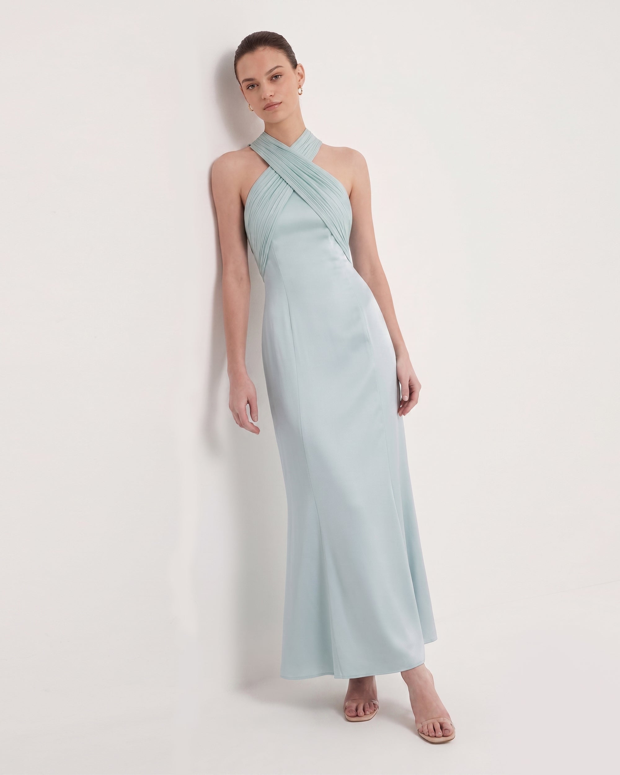 cross halter satin dress Pleated Cross-Halter Satin Maxi Dress - Dusty Blue, 4