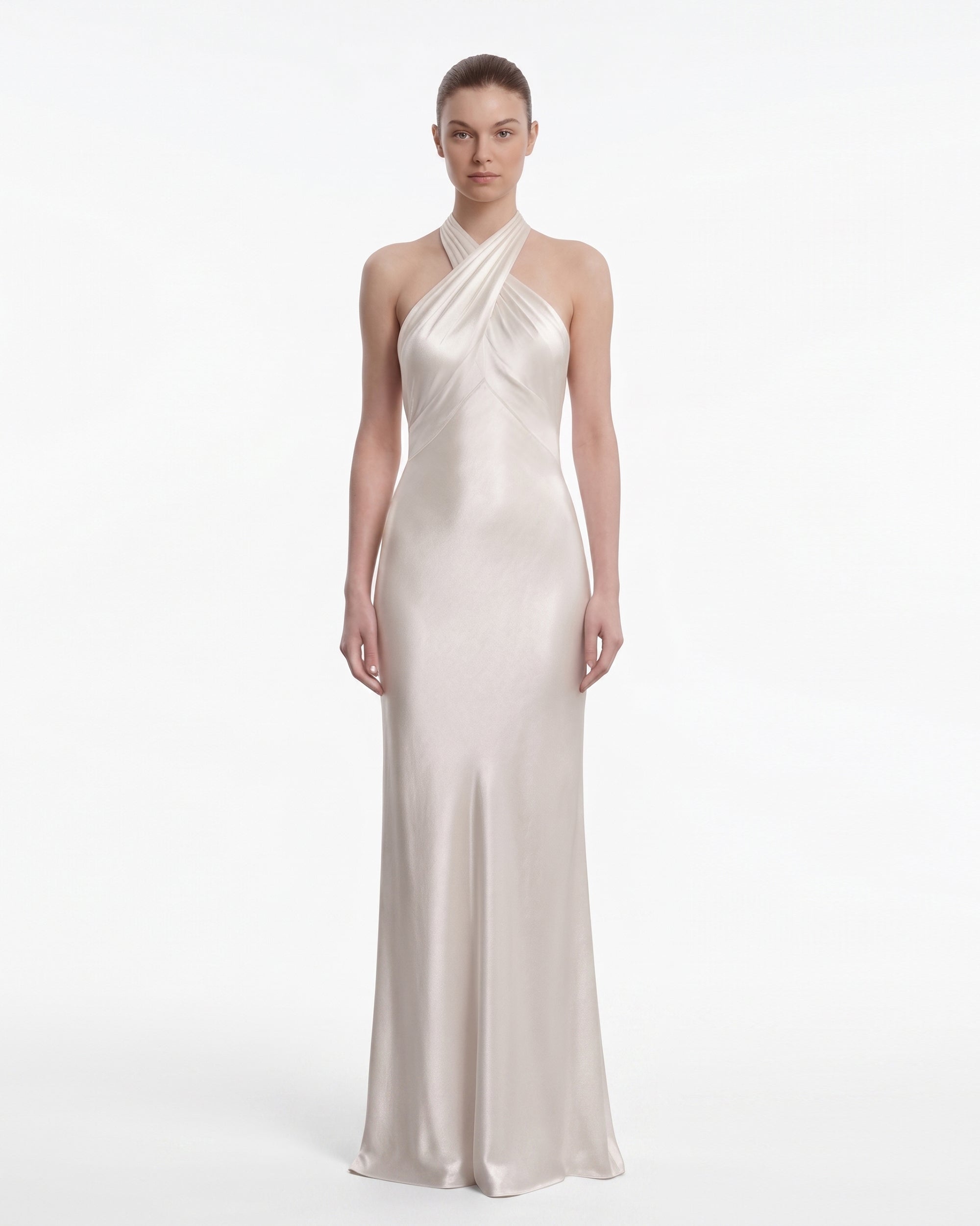 Satin Cross Halter Column Maxi Dress - Champagne | JW PEI Satin Cross Halter Column Maxi Dress - Champagne | JW PEI