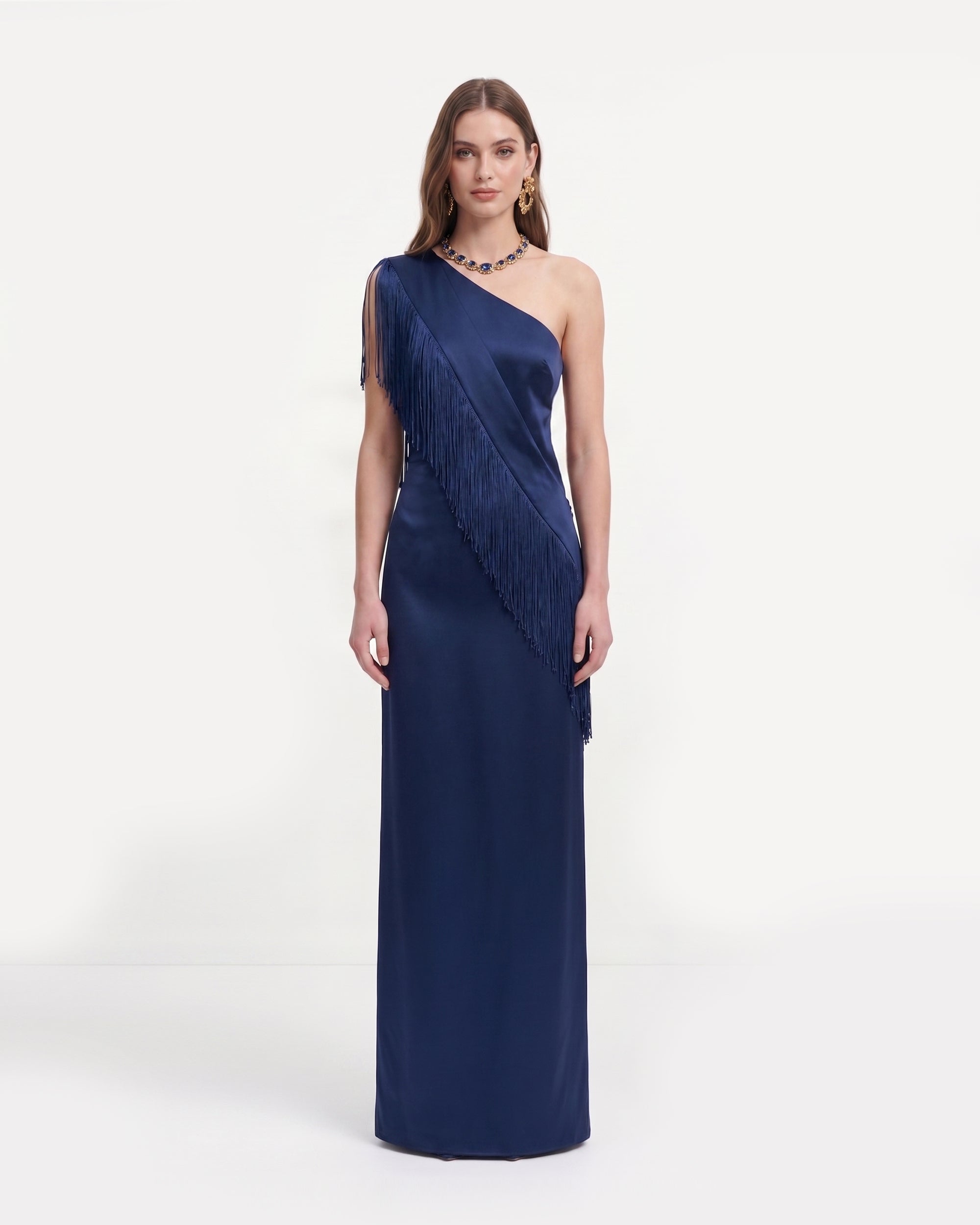 One Shoulder Fringe Satin Maxi Dress - Navy Blue | JW PEI One Shoulder Fringe Satin Maxi Dress - Navy Blue | JW PEI
