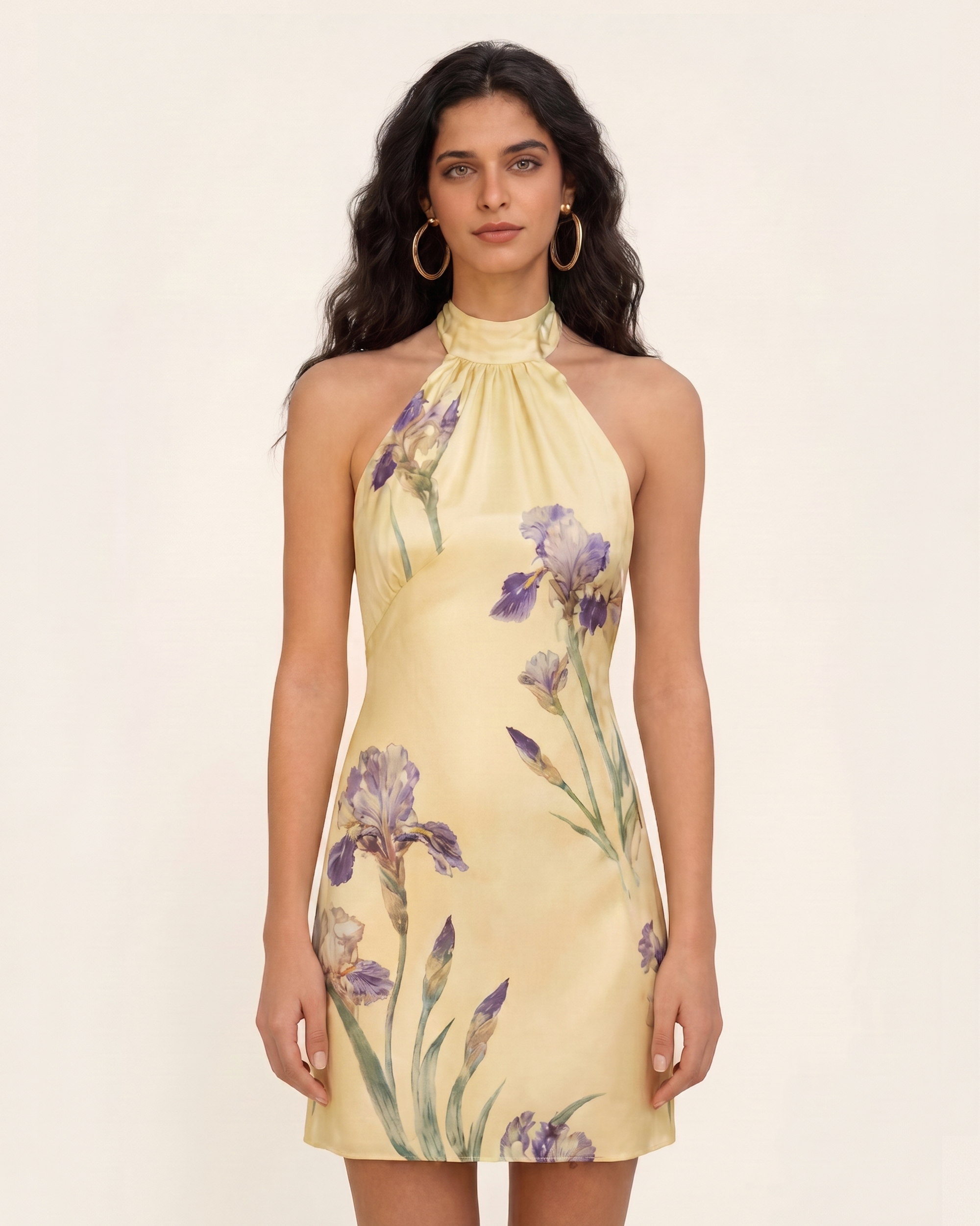 Iris Print Satin Halter Mini Dress - Soft Yellow | JW PEI Iris Print Satin Halter Mini Dress - Soft Yellow | JW PEI