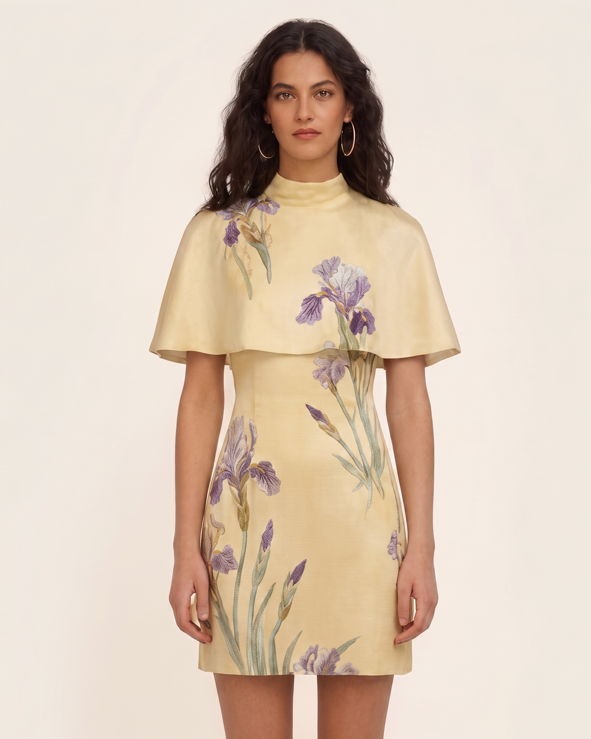 short dress cape Iris Print Cape Overlay Mini Dress - Soft Yellow 8