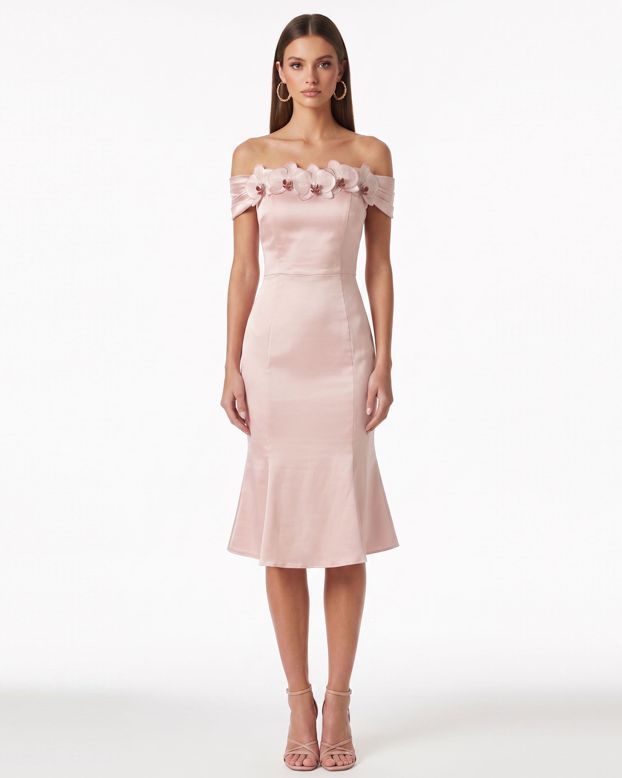 Orchid Embroidered Appliqu Off-Shoulder Satin Midi Dress - Blush Pink | JW PEI Orchid Embroidered Appliqu Off-Shoulder Satin Midi Dress - Blush Pink | JW PEI