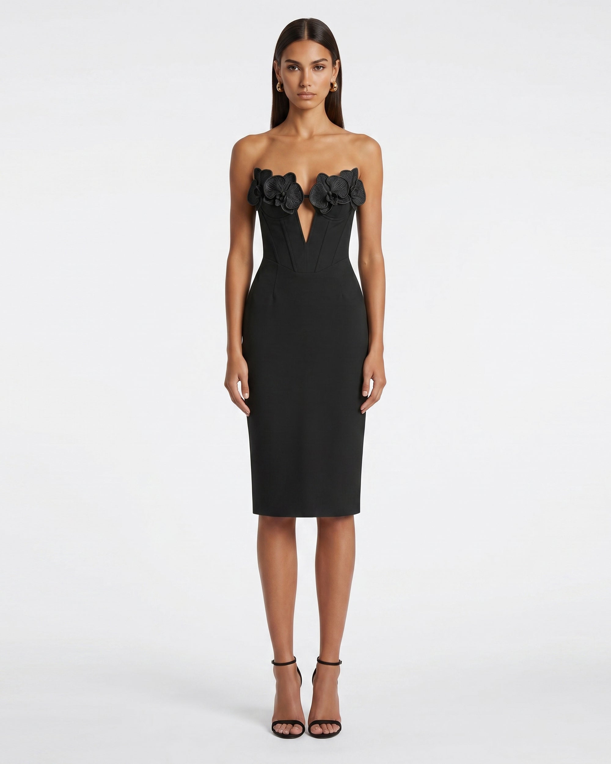 Iris Floral Appliqu Strapless Corset Midi Dress - Black | JW PEI Iris Floral Appliqu Strapless Corset Midi Dress - Black | JW PEI