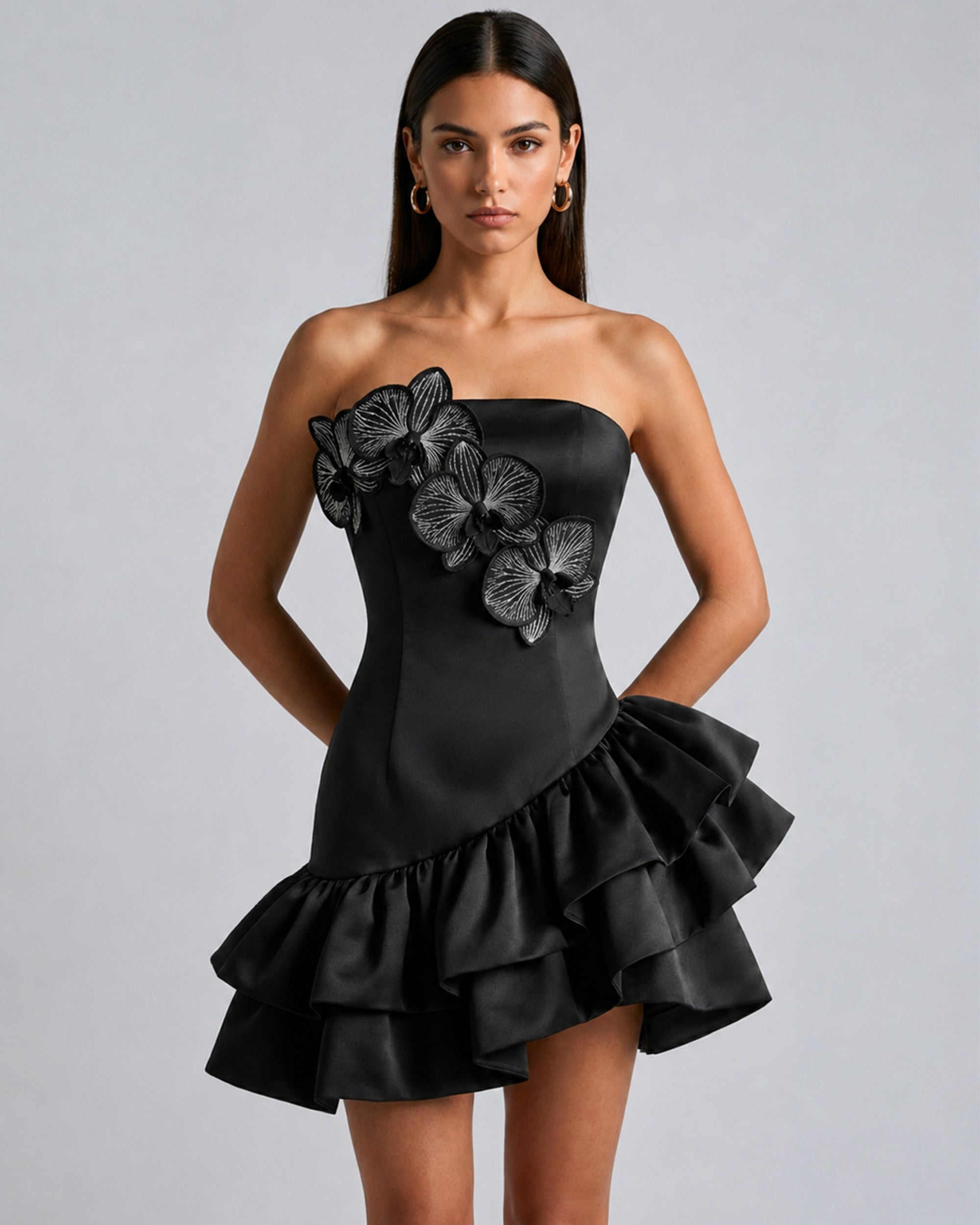 strapless ruffle dress mini Orchid Embroidered Appliqué Strapless Ruffle Mini Dress - Black