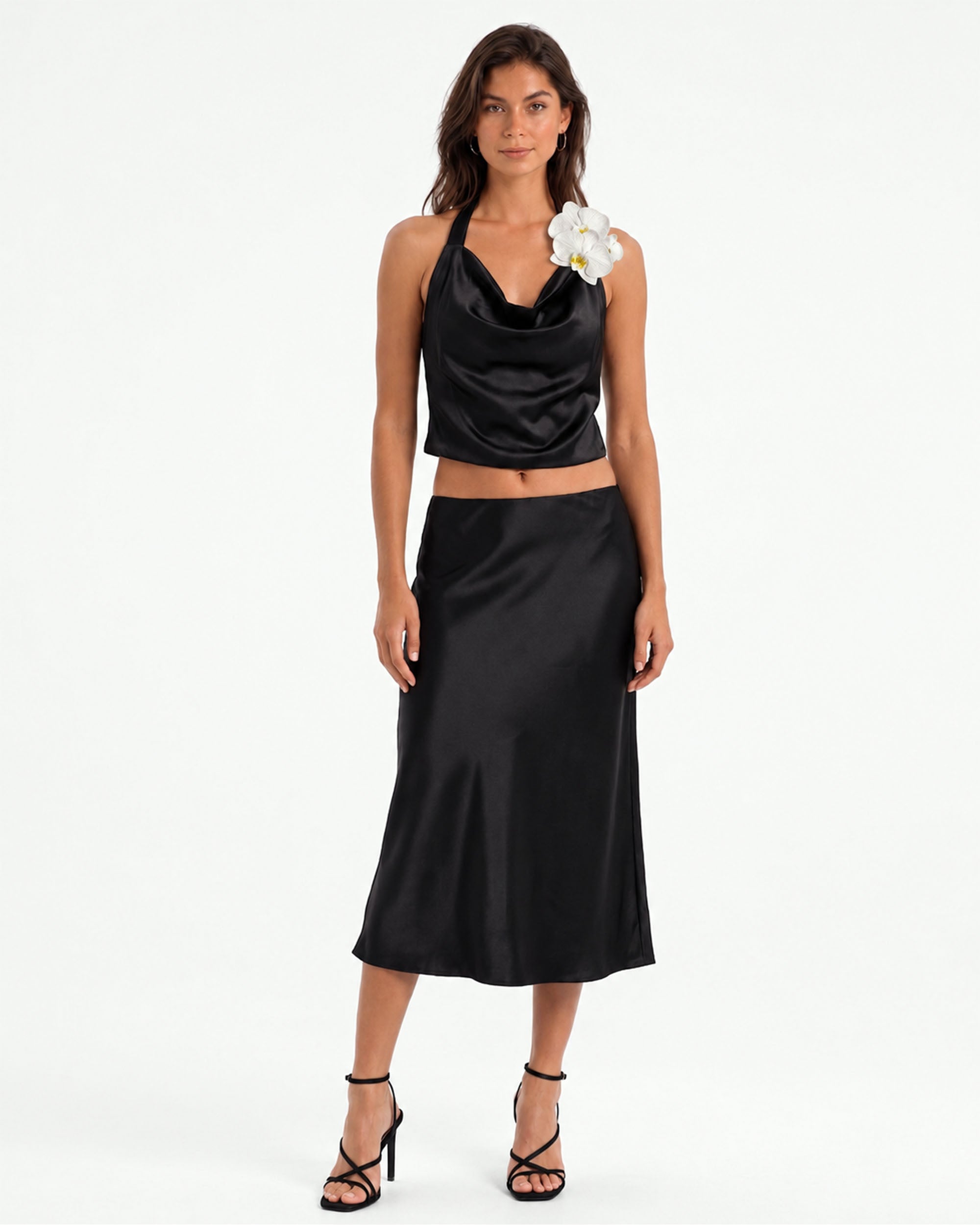 Iris Floral Appliqu Cowl Neck Halter Top - Black | JW PEI