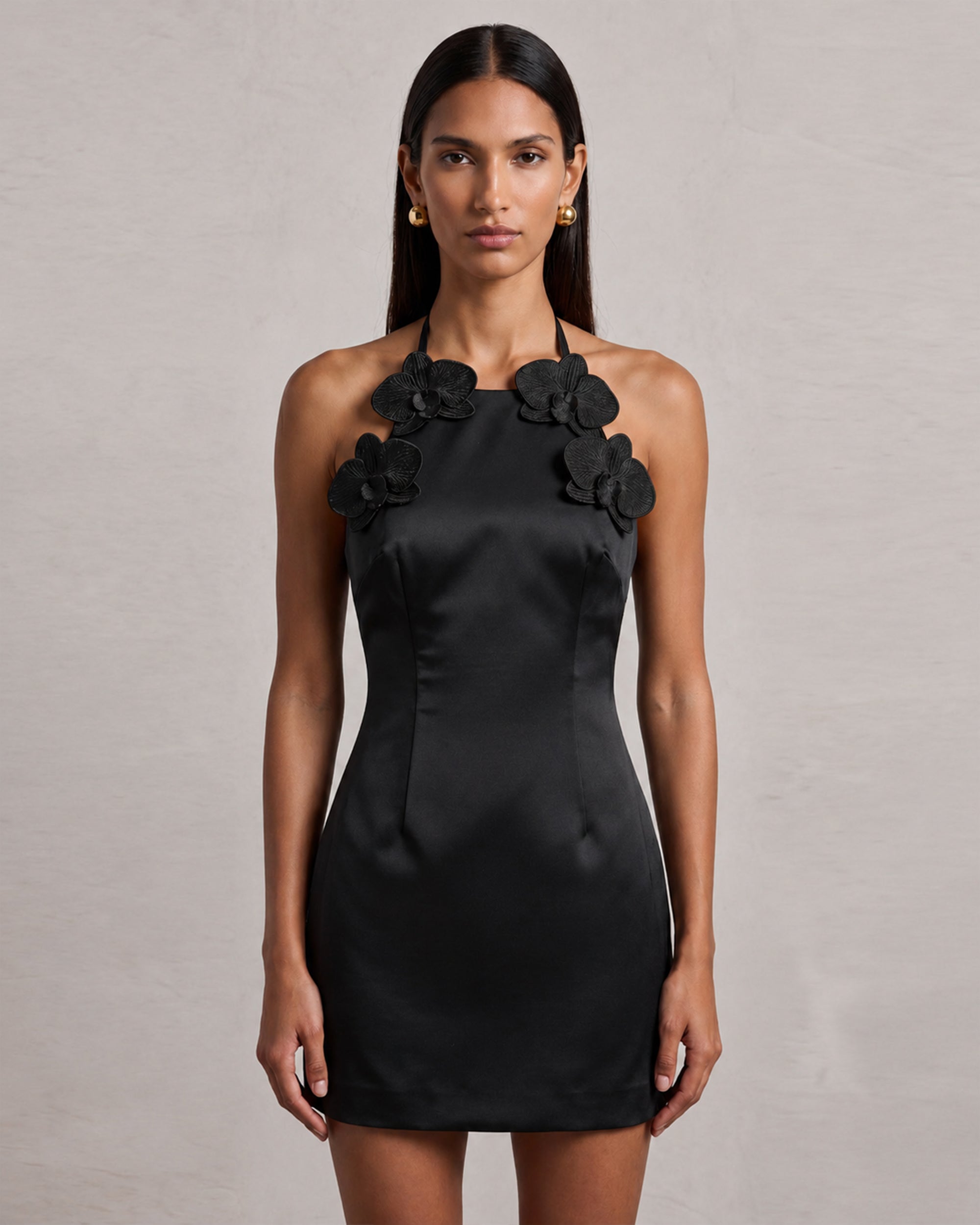 Orchid Embroidered Appliqu Halter Mini Dress - Black | JW PEI Orchid Embroidered Appliqu Halter Mini Dress - Black | JW PEI