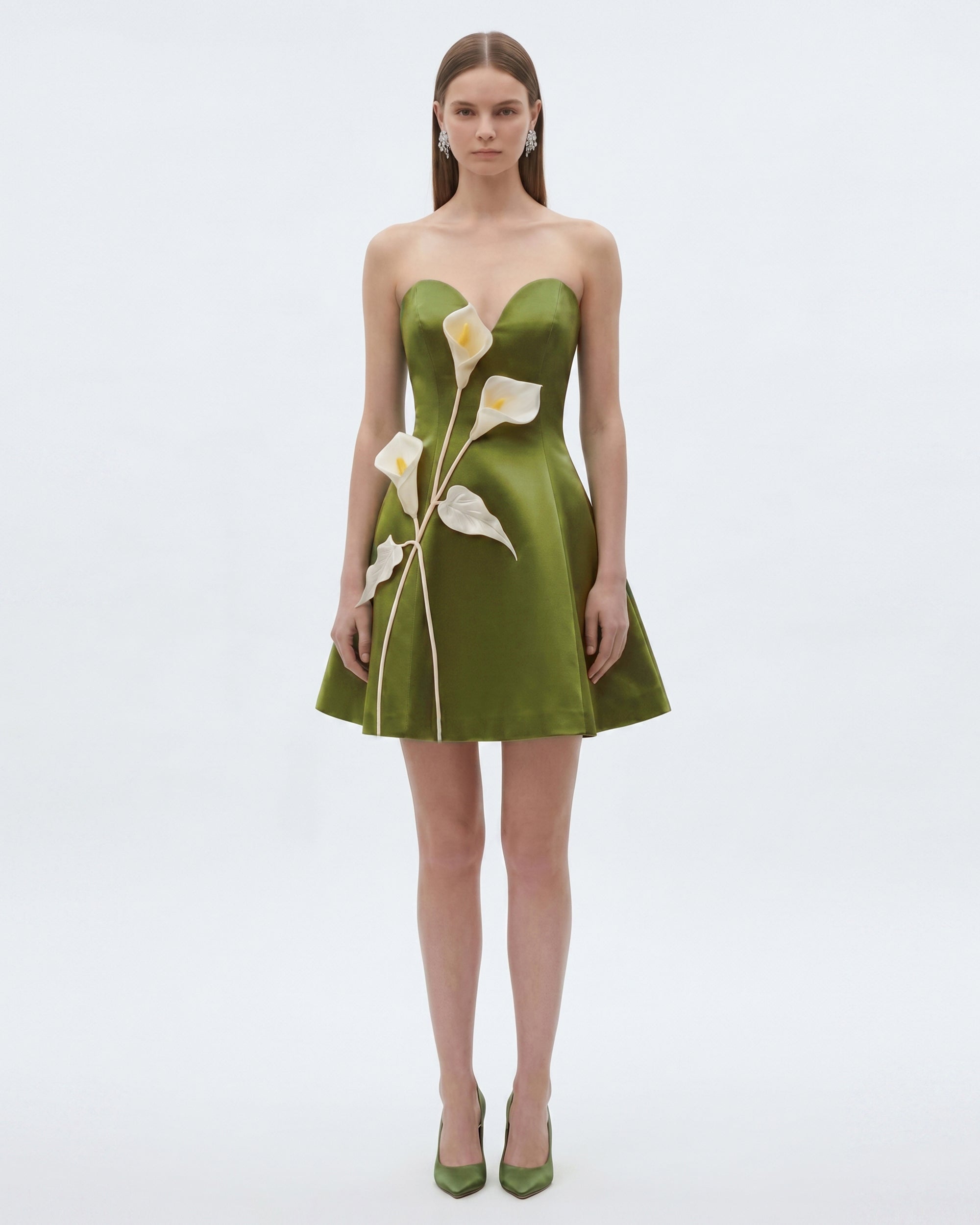 jw pei mini dress Floral Appliqué Strapless Flared Mini Dress - Olive