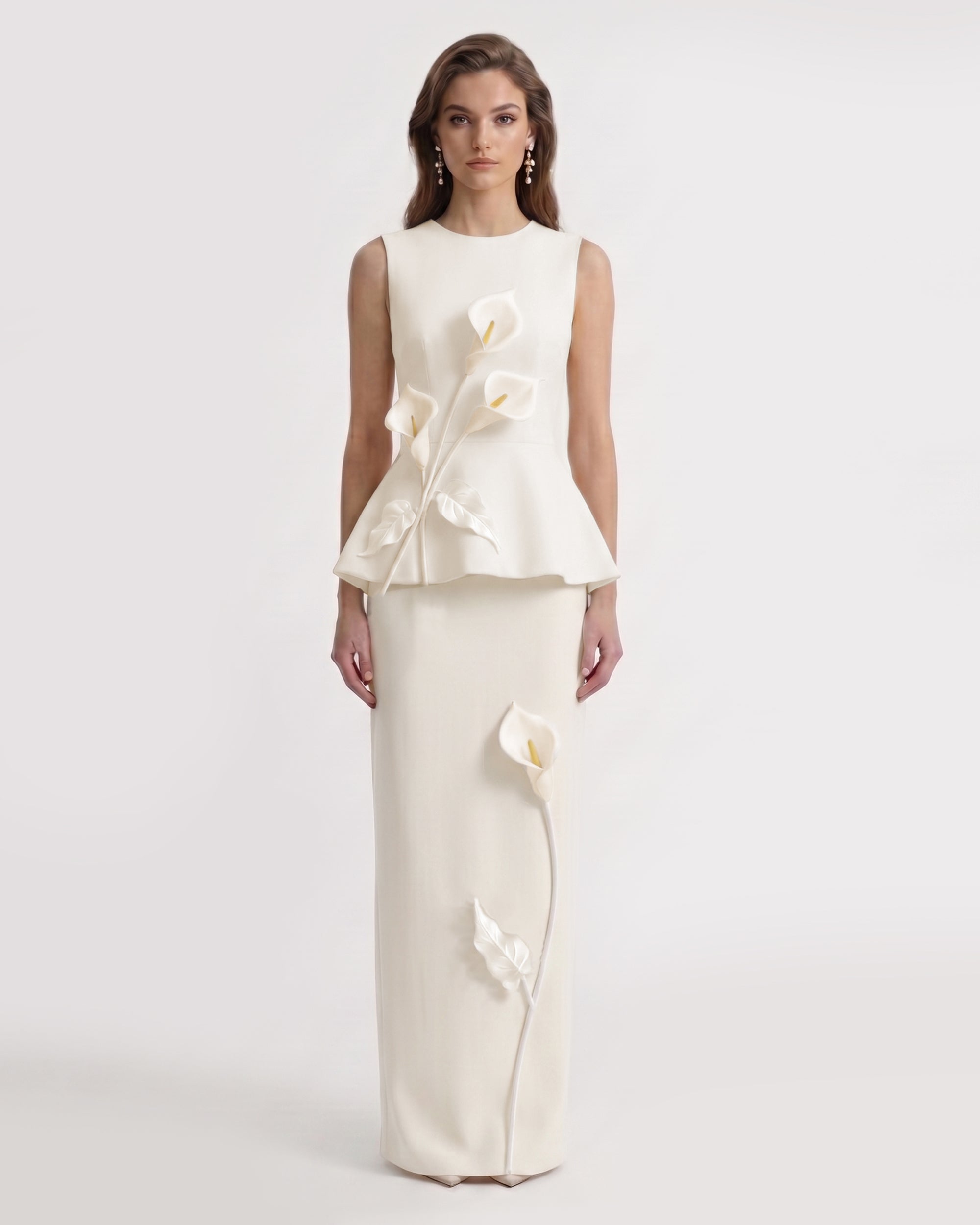 Floral Appliqué Sleeveless Peplum Top - Ivory
