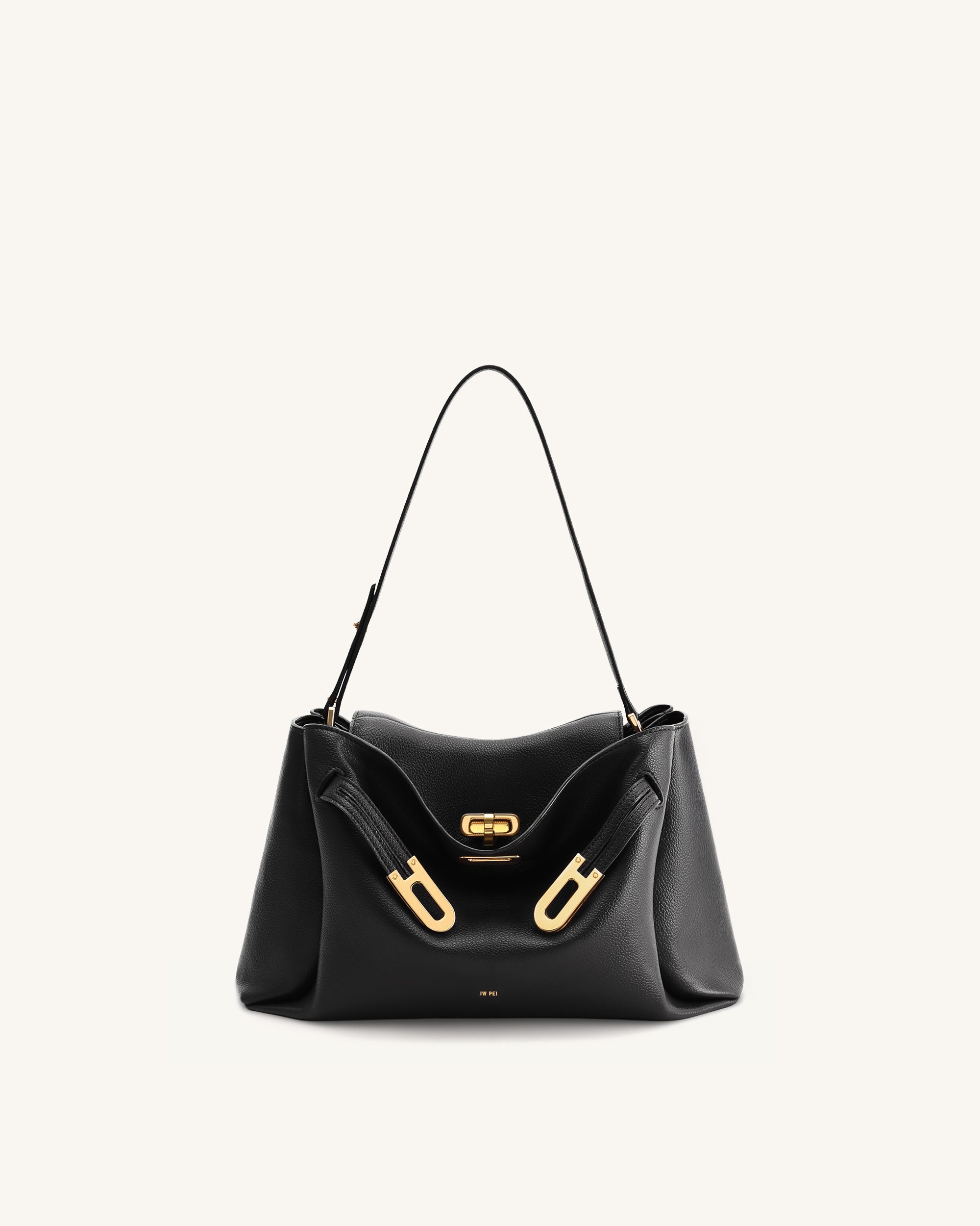 Rhea Pebbled Double Buckle Shoulder Bag - Black | JW PEI