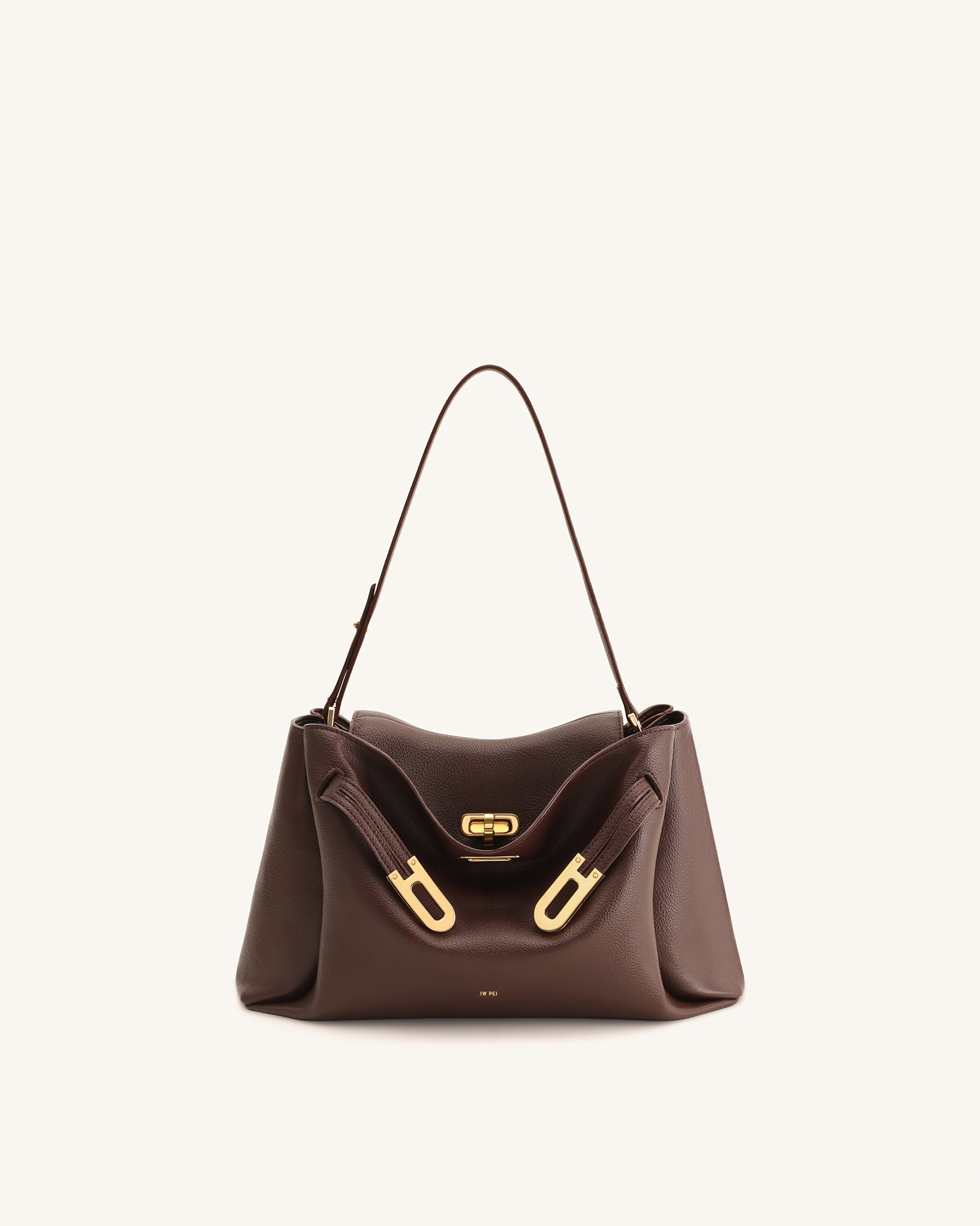 Rhea Pebbled Double Buckle Shoulder Bag - Dark Brown | JW PEI