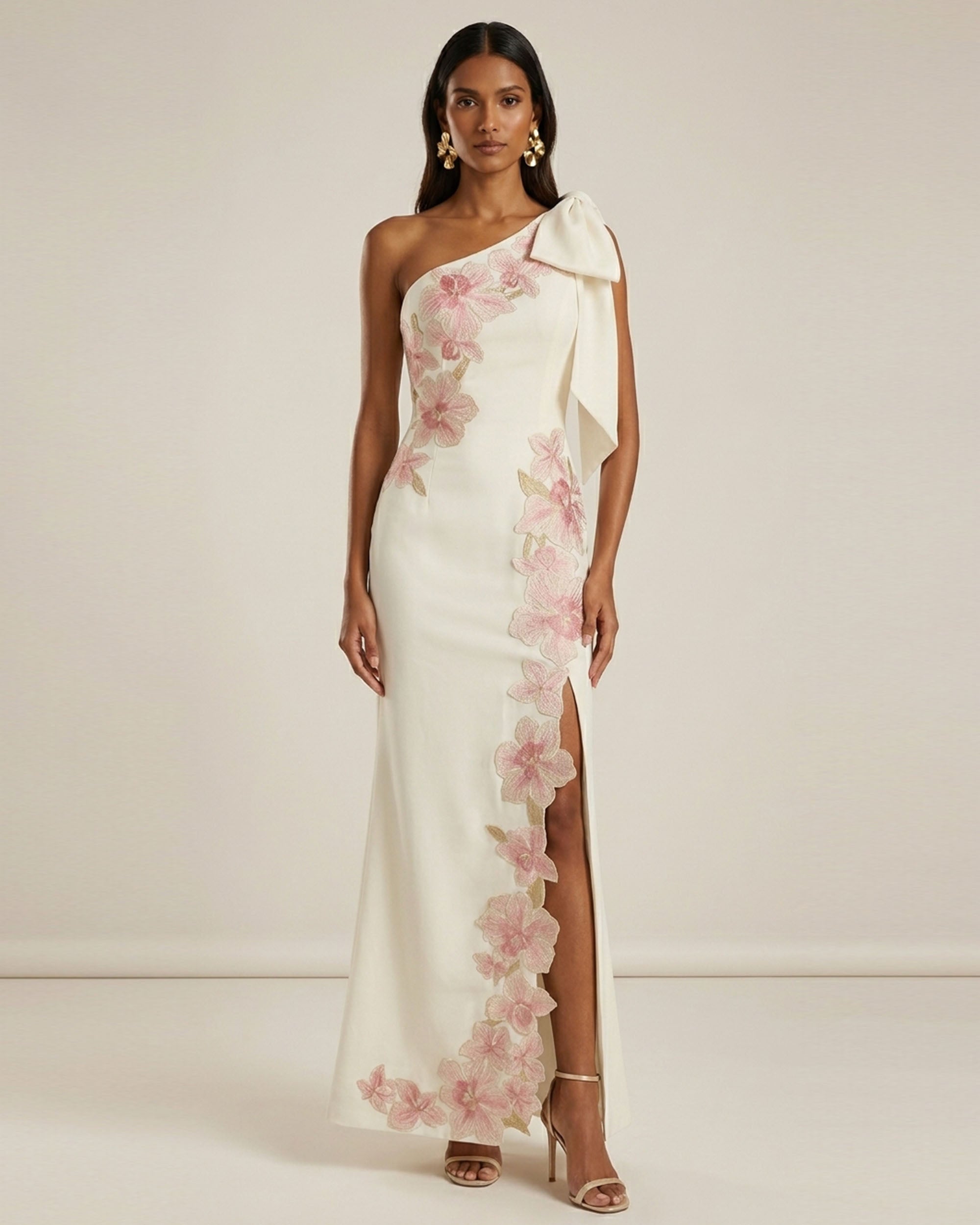 Flower Embroidered One-Shoulder Maxi Dress - Ivory | JW PEI Flower Embroidered One-Shoulder Maxi Dress - Ivory | JW PEI