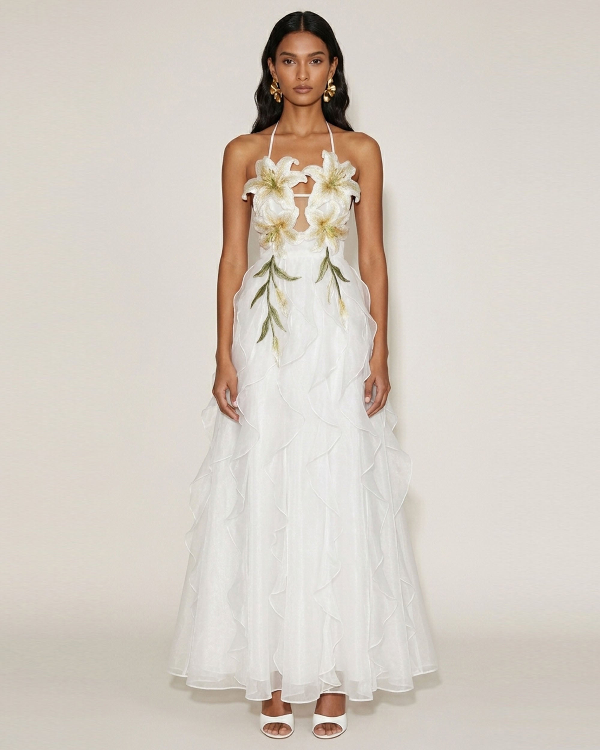 white tiered maxi dress Lily-Embroidered Embroidered Halter Tiered Maxi Dress - White
