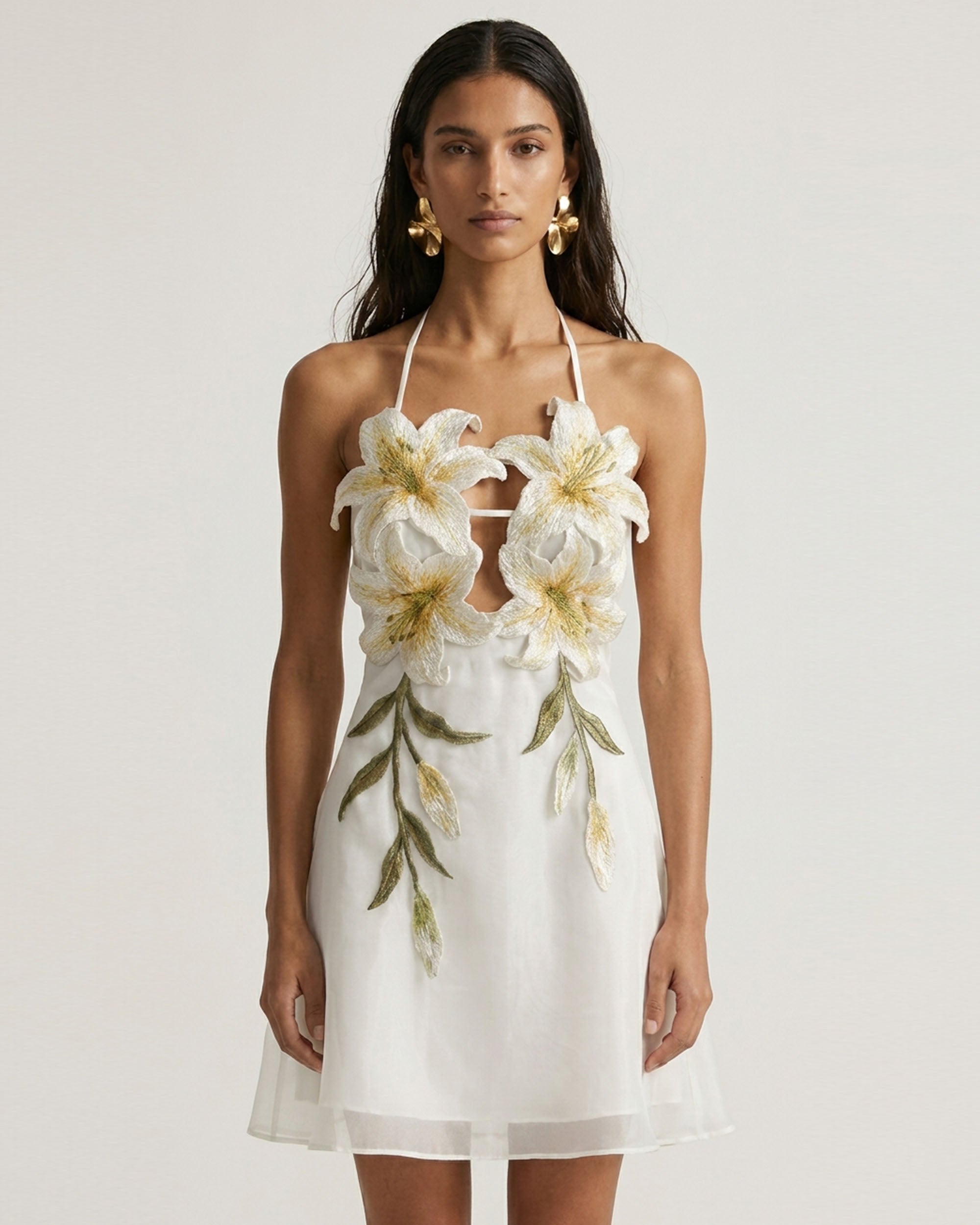 Lily-Embroidered Halter Mini Dress - White Lily-Embroidered Halter Mini Dress - White