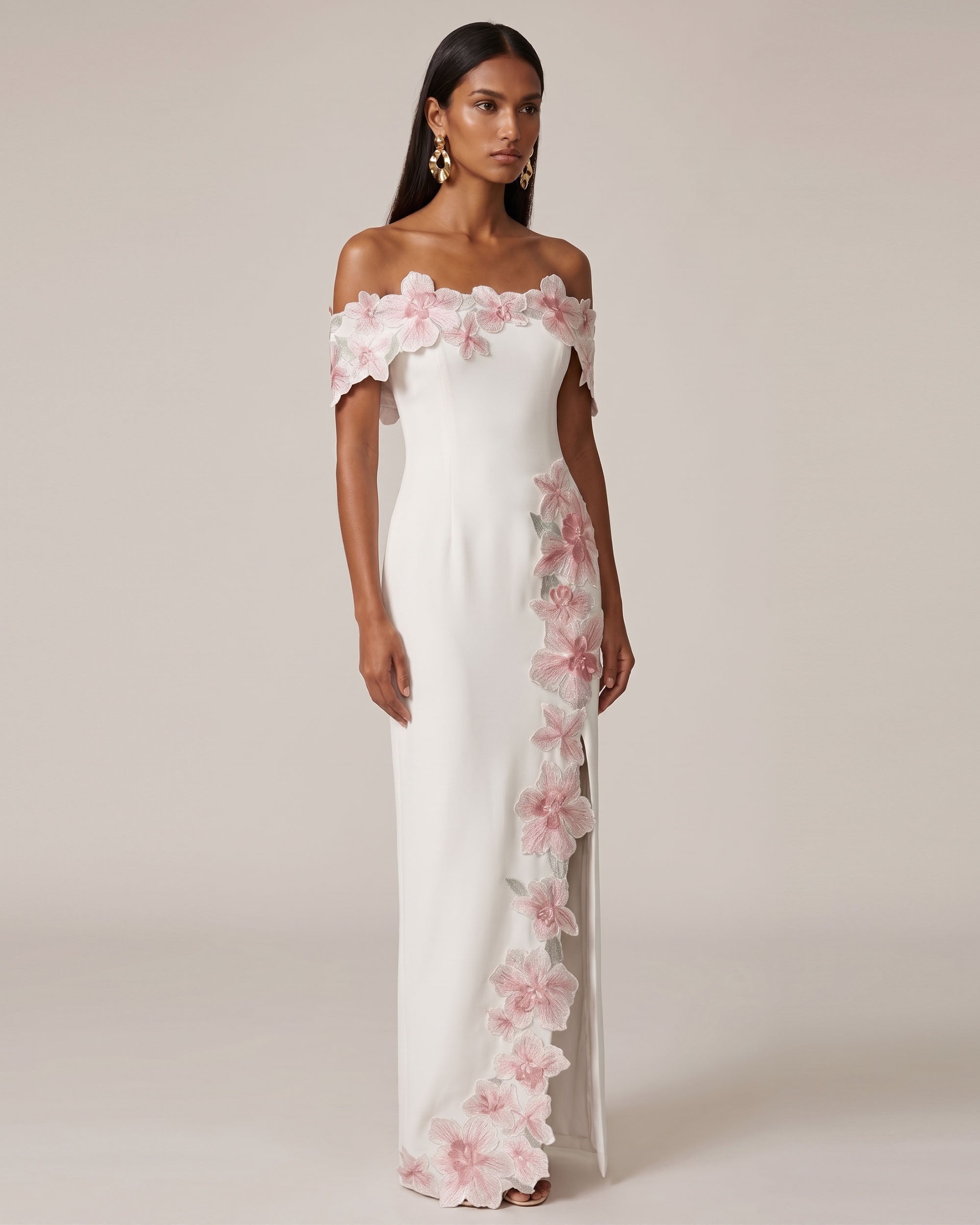 ivory embroidered maxi dress Flower Embroidered Off-Shoulder Maxi Dress - Ivory 6