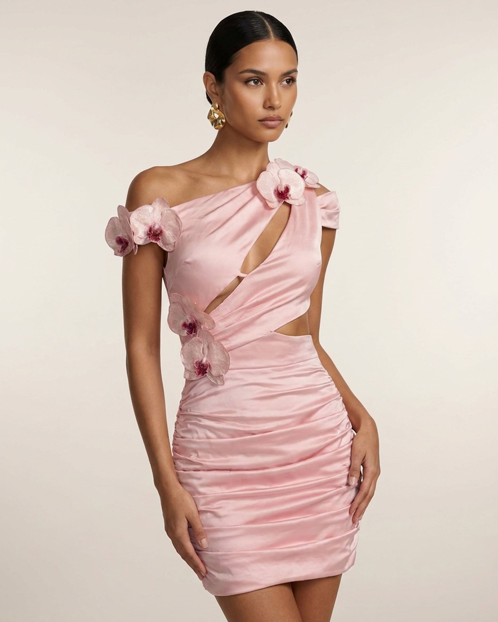 blush pink mini dress Orchid Embroidered Cutout Ruched Mini Dress - Blush Pink