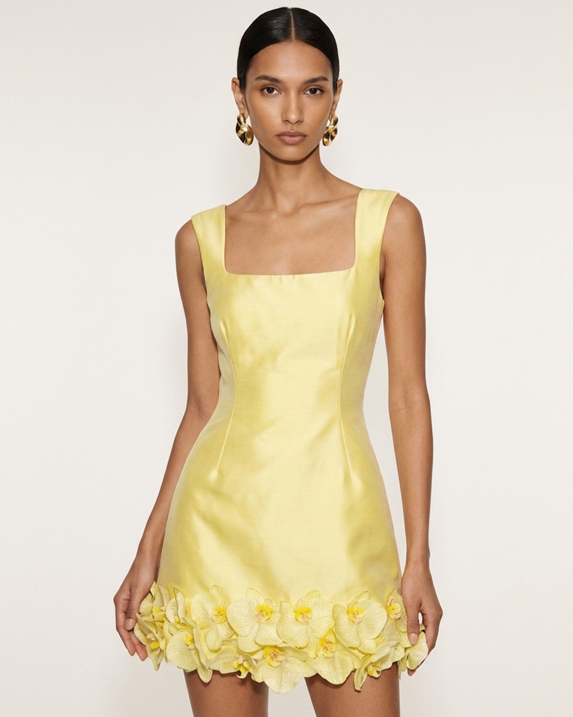 Orchid Embellished Square-Neck Mini Dress - Yellow Orchid Embellished Square-Neck Mini Dress - Yellow
