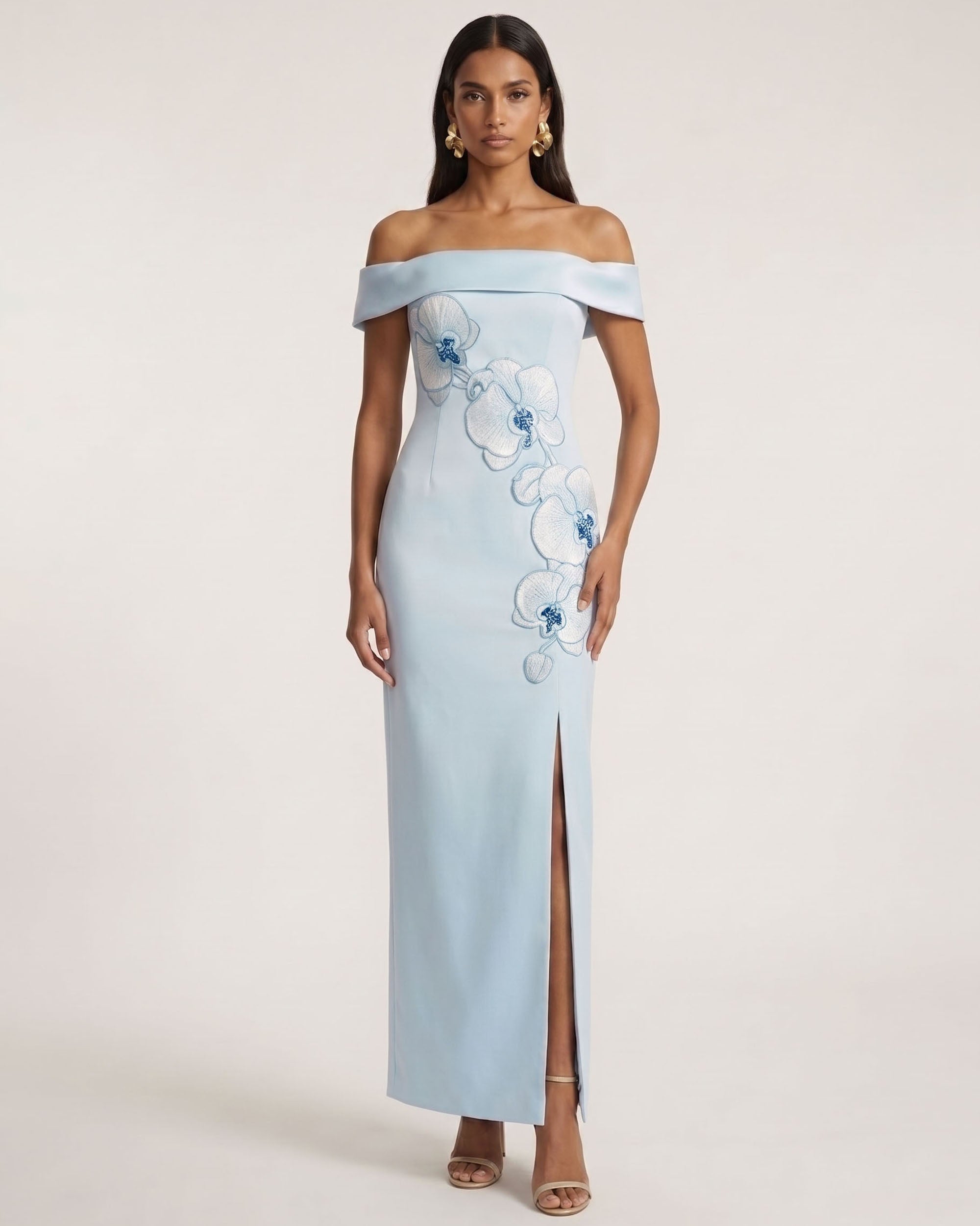 off shoulder blue maxi dress Sandie Navy Formal - US 14 Do Not Bleach Orchid Embroidered Off-Shoulder Maxi Dress