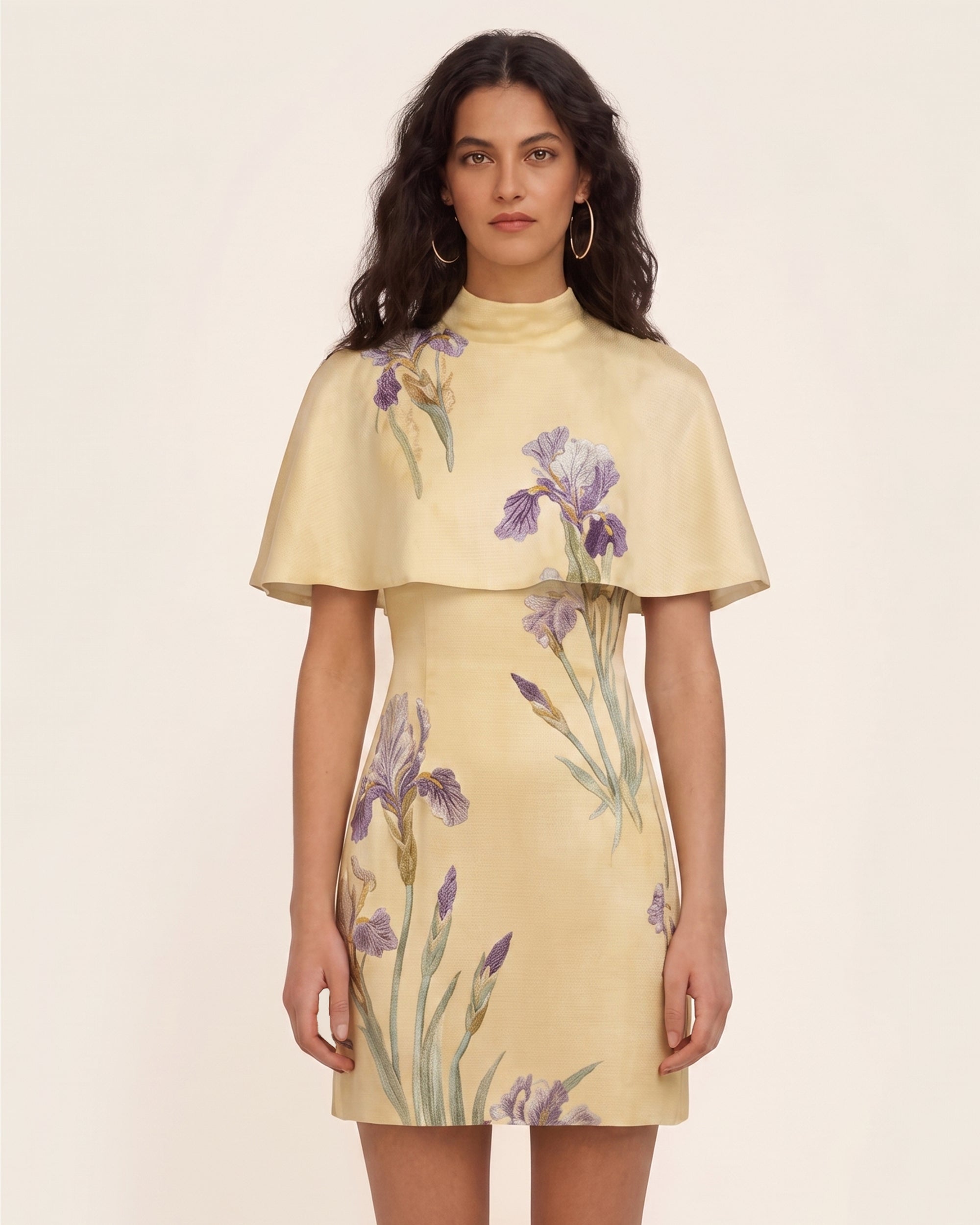 Iris Print Cape Overlay Mini Dress - Soft Yellow 6