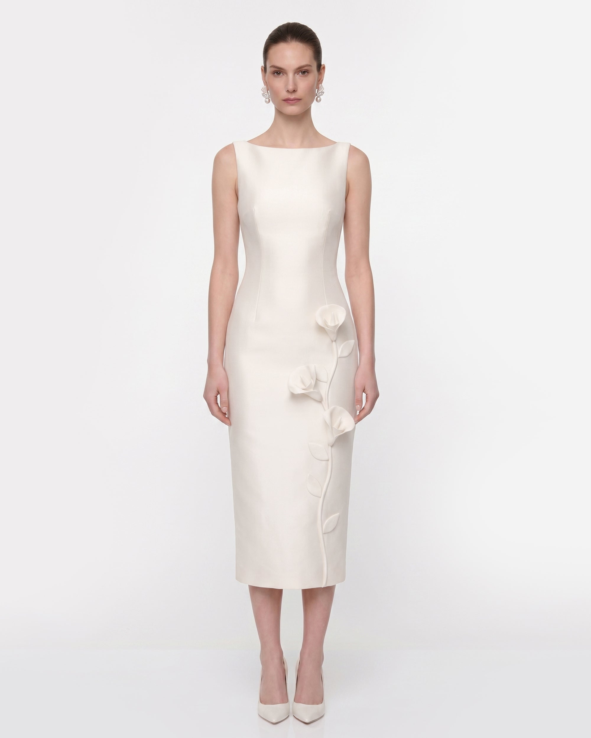 white floral applique midi dress Rose Garden Floral Applique A-Line Midi Dress White