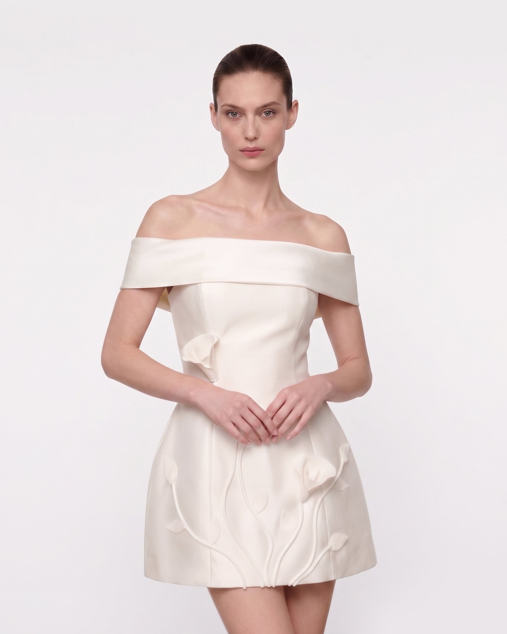 white dress with floral applique Floral Appliqué Off-Shoulder Mini Dress - White