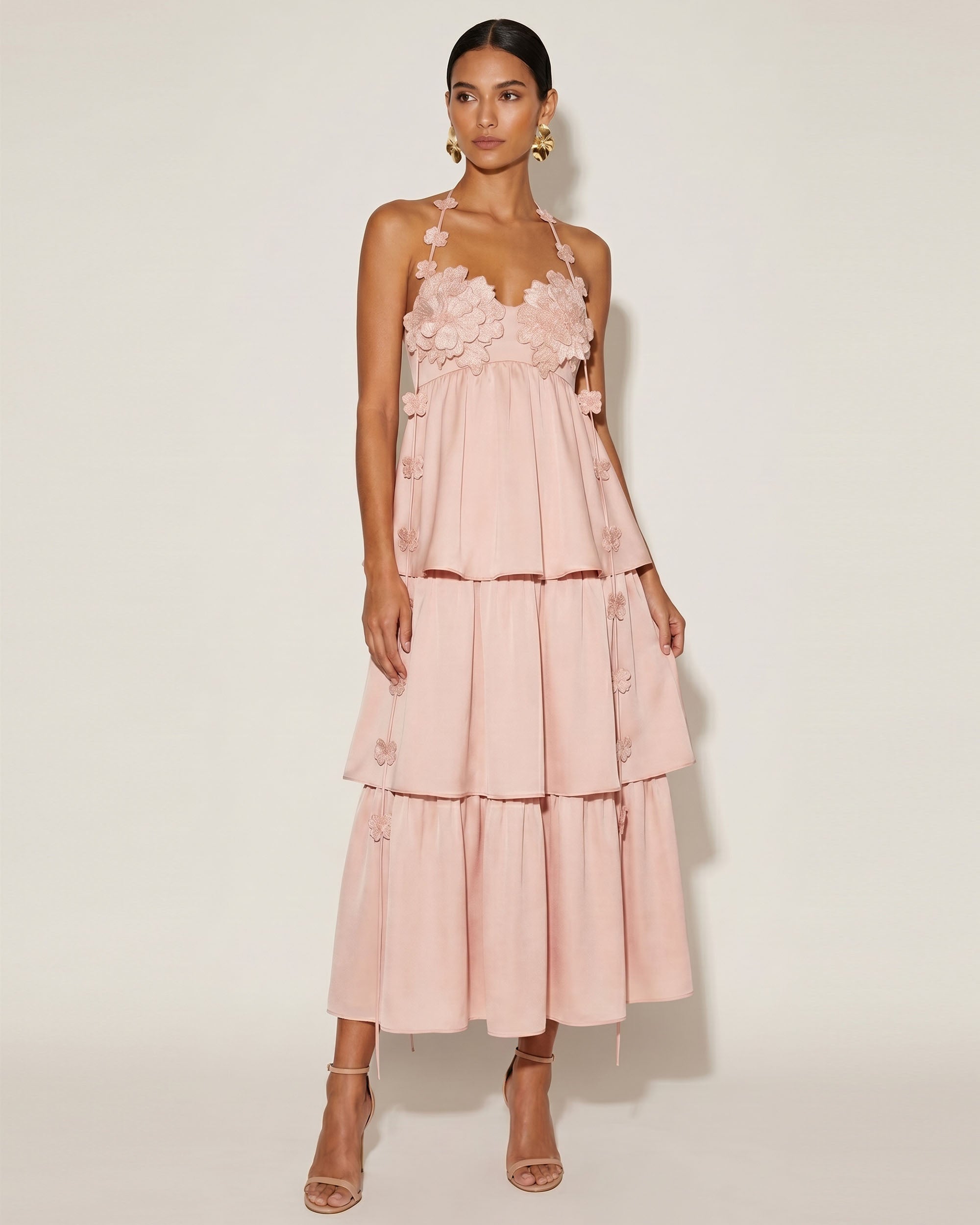 tiered halter dress Floral Embellished Tiered Halter Maxl Dress - Blush Pink