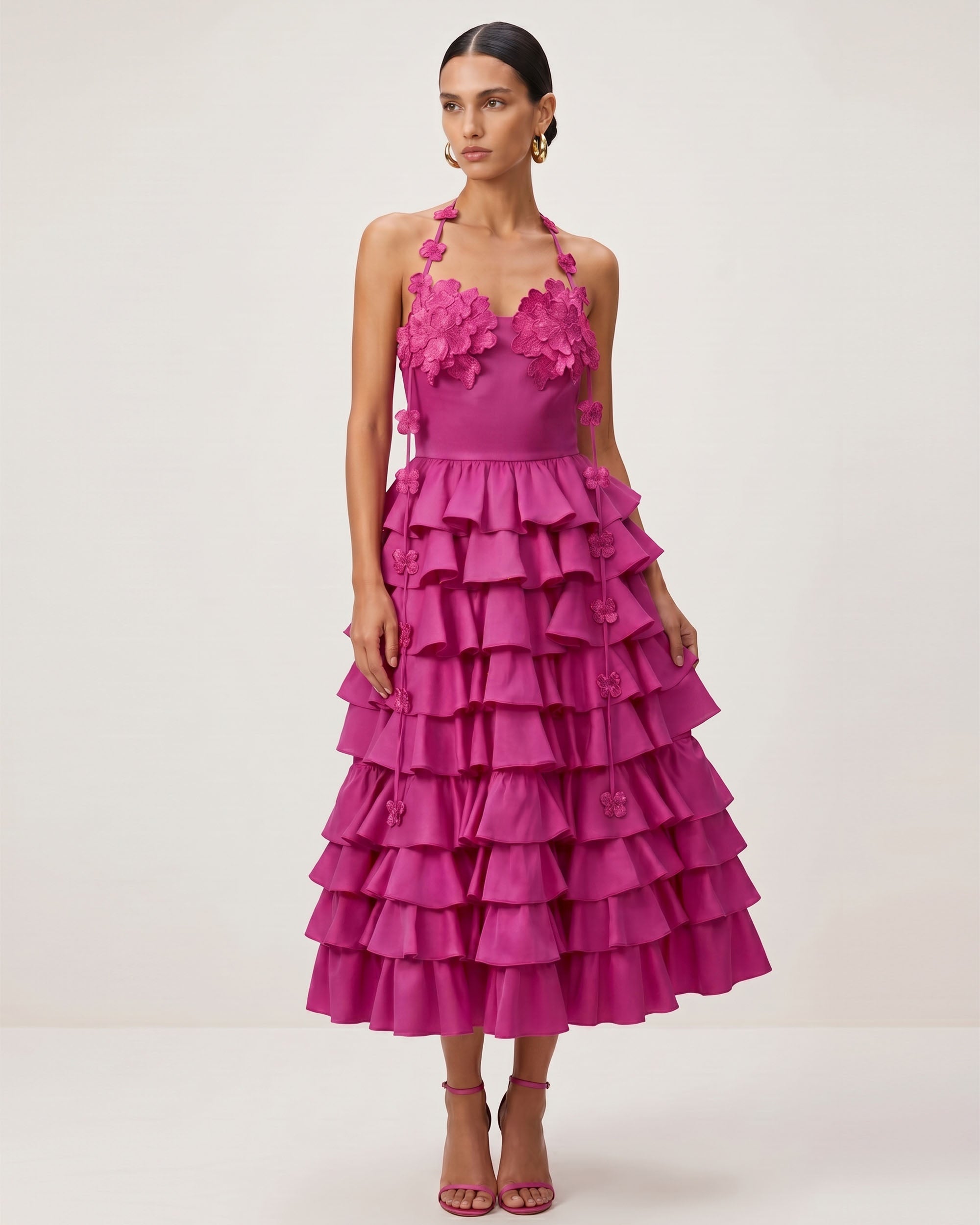 fuchsia halter dress Floral Embellished Tiered Halter Maxi Dress - Fuchsia