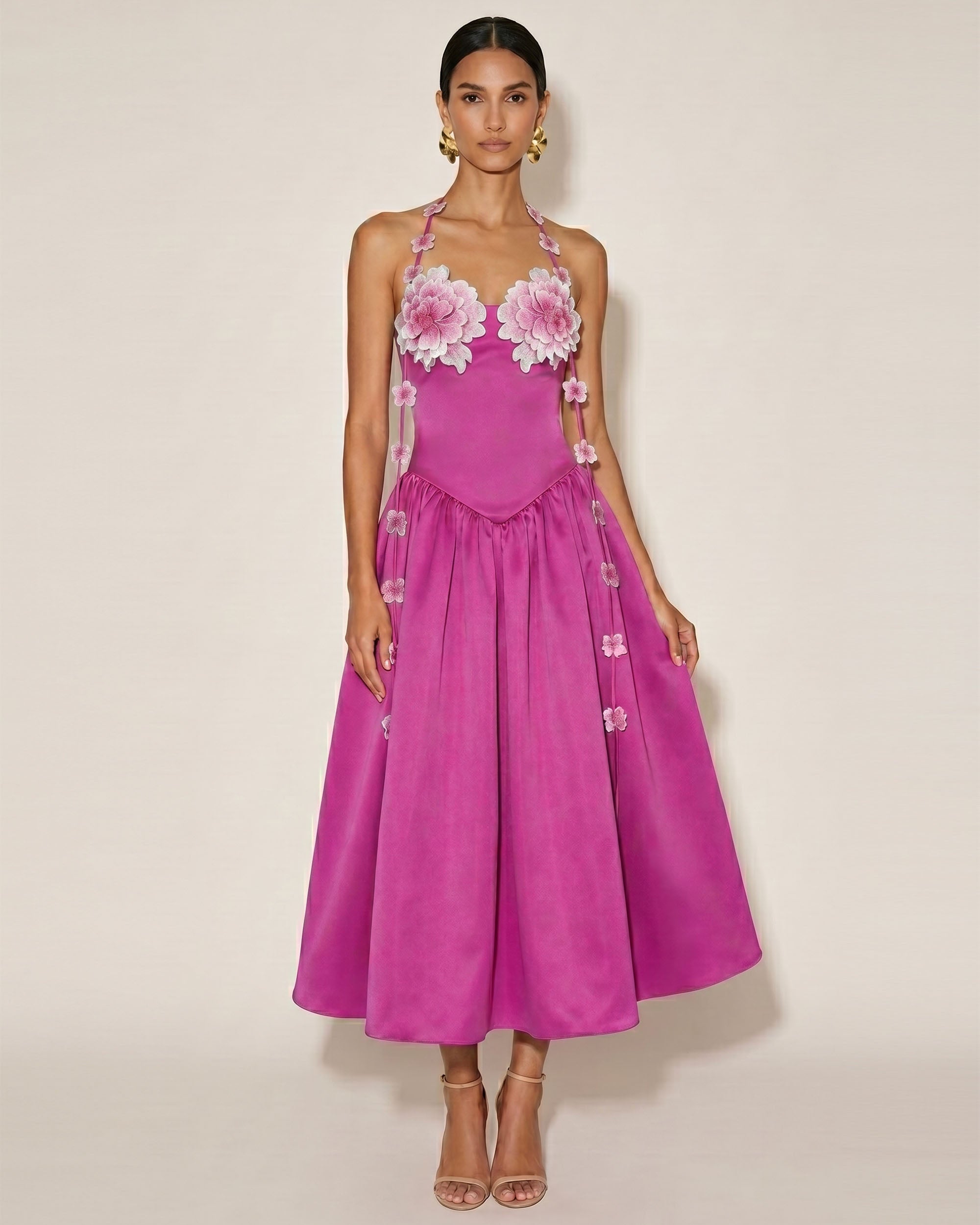 pink halter maxi dress Floral Embellished Halter Maxi Dress - Fuchsia