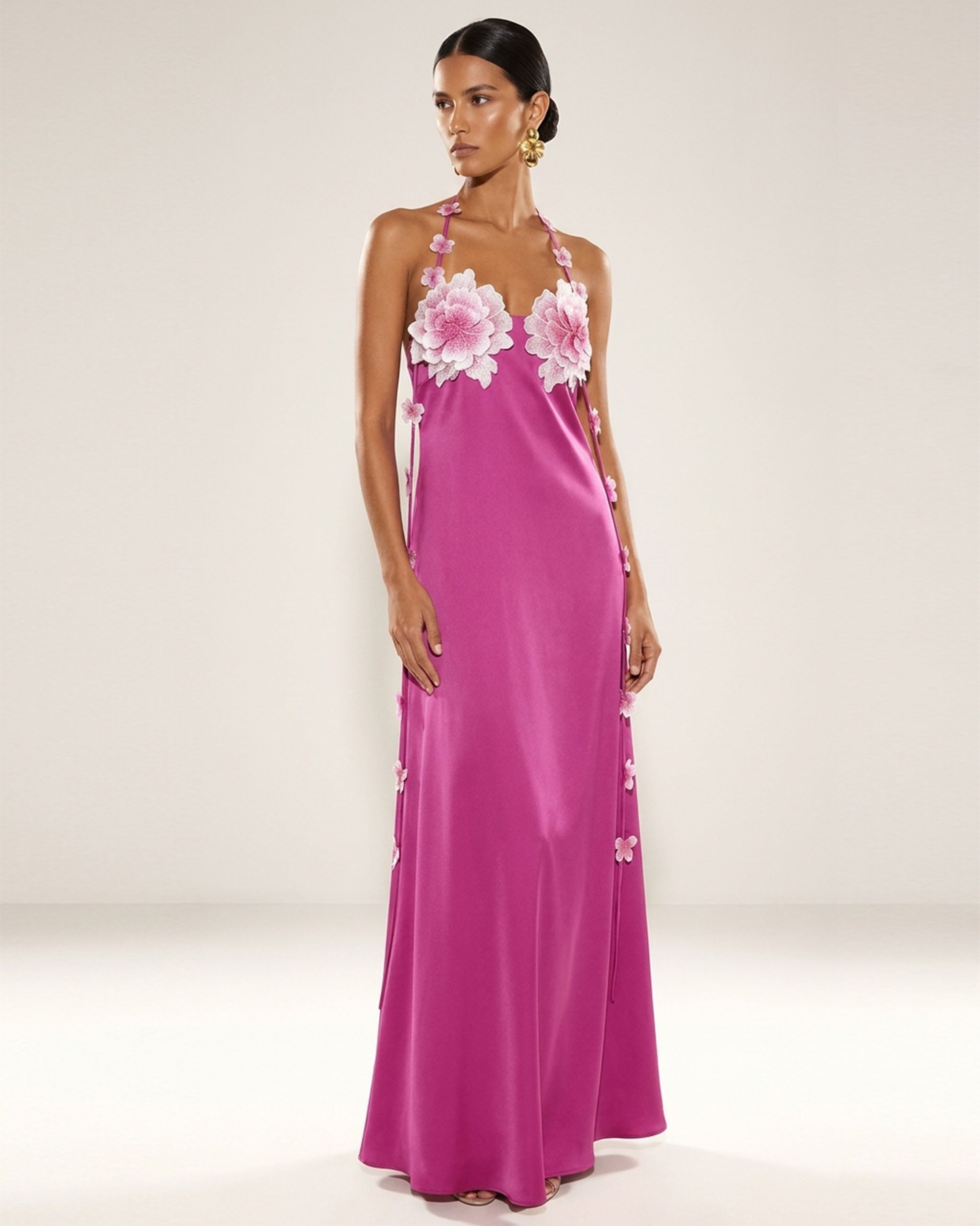 slip maxi dresses Floral Embellished Halter Slip Maxi Dress - Fuchsia