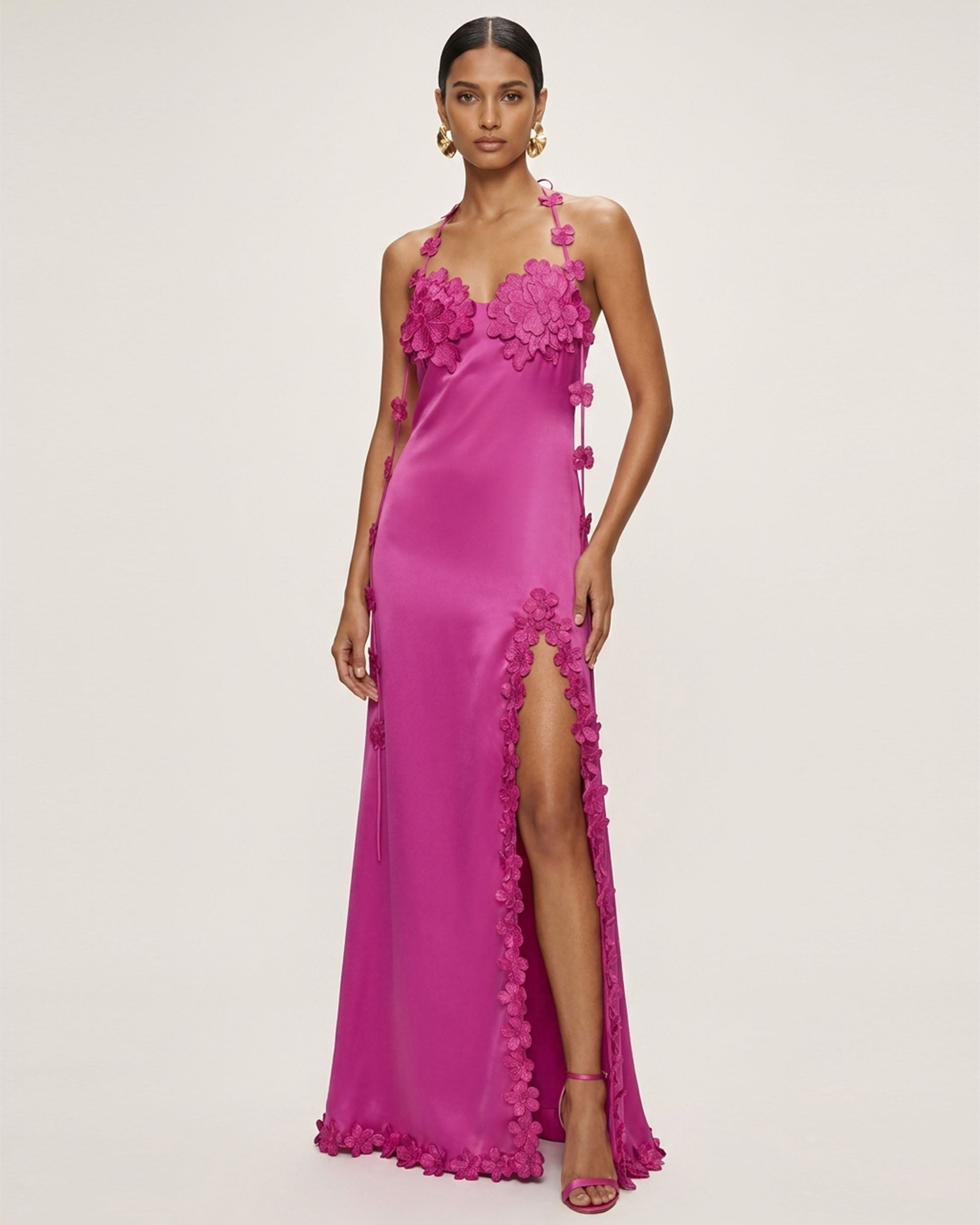 fuchsia dress long Floral Embellished Slit Maxi Dress - Fuchsia
