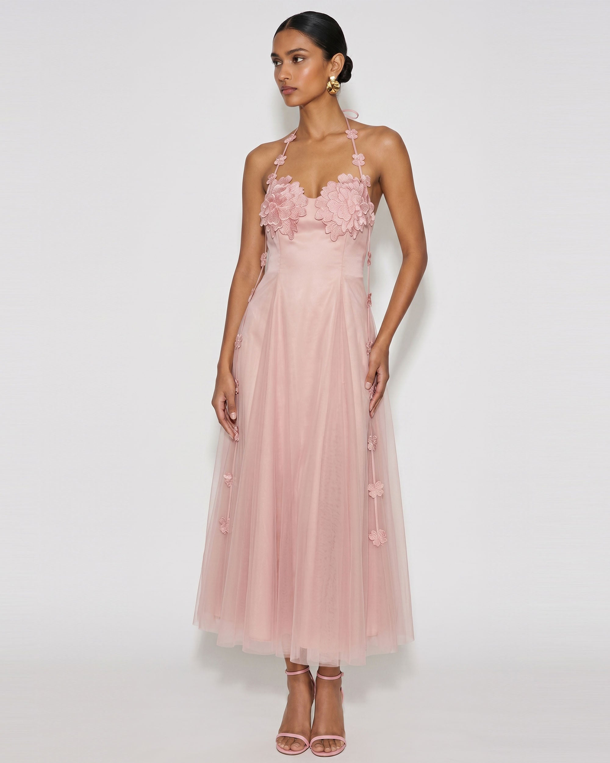 floral tulle maxi dress Floral Embellished Halter Tulle Maxi Dress - Blush Pink