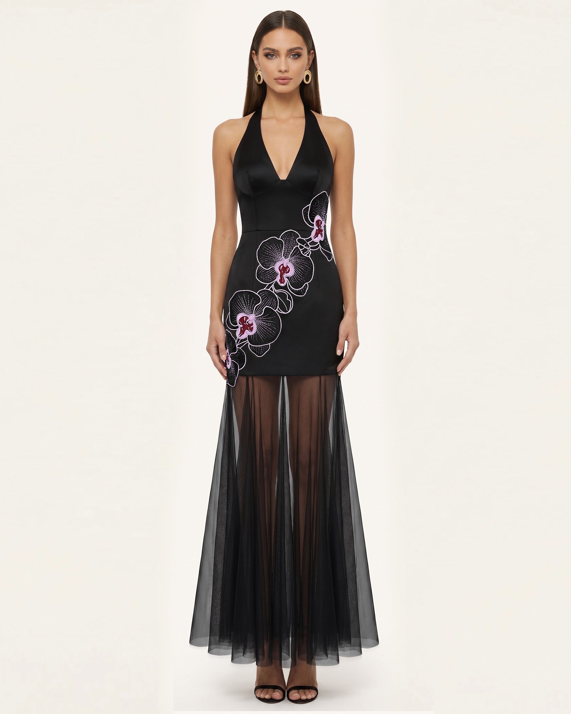orchid halter dress Orchid Embroidered Sheer Hem Halter Maxi Dress - Light Blue